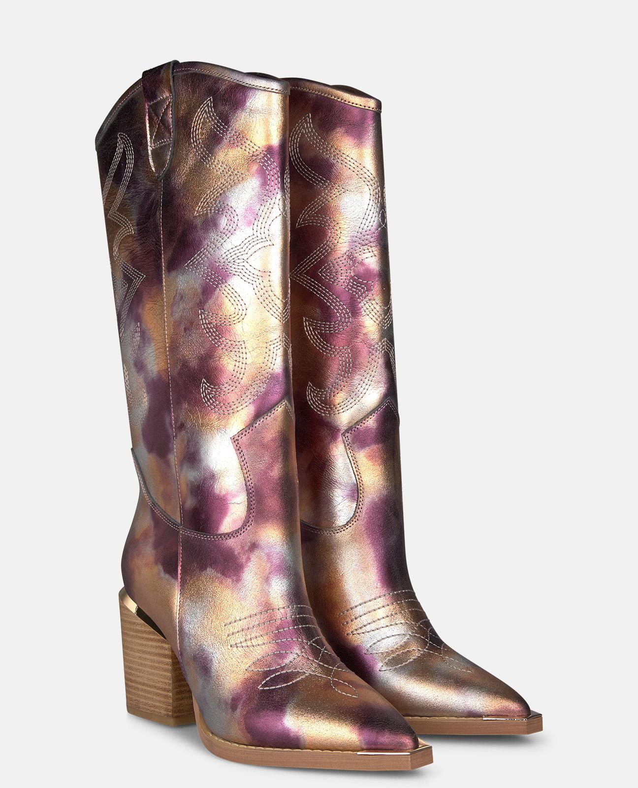 Botas Cowboy em Pele Efeito Fantasia com Detalhe Metálico no Tacão Roxo/Pérola-2