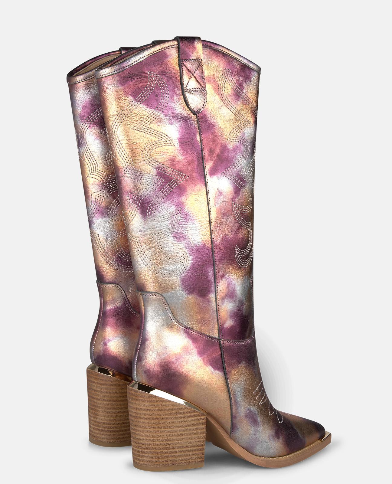 Botas Cowboy em Pele Efeito Fantasia com Detalhe Metálico no Tacão Roxo/Pérola-3