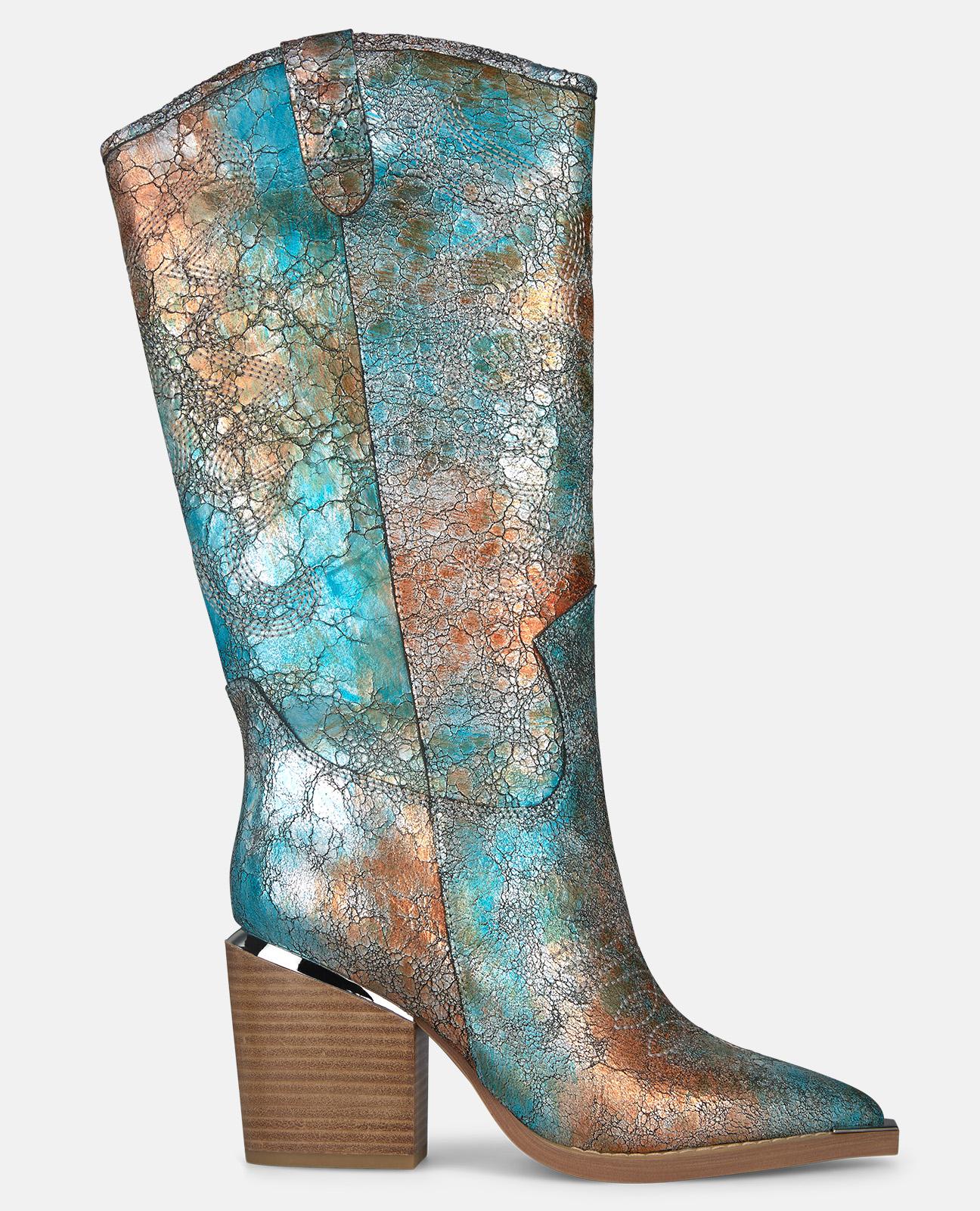 Imagem 0 de Botas Cowboy em Pele Efeito Fantasia com Detalhe Metálico no Tacão