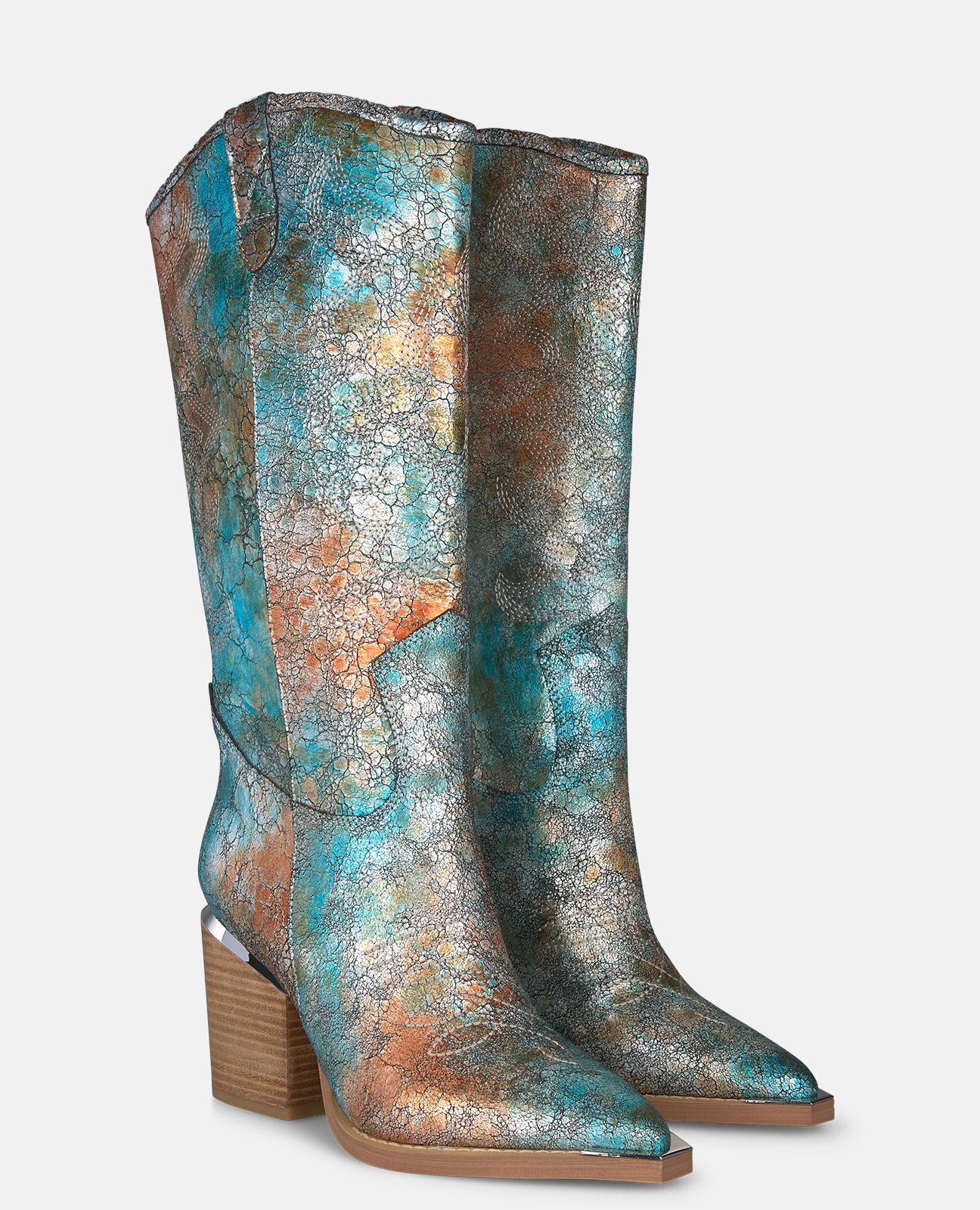 Botas Cowboy em Pele Efeito Fantasia com Detalhe Metálico no Tacão Azul oceano / Turquesa-2