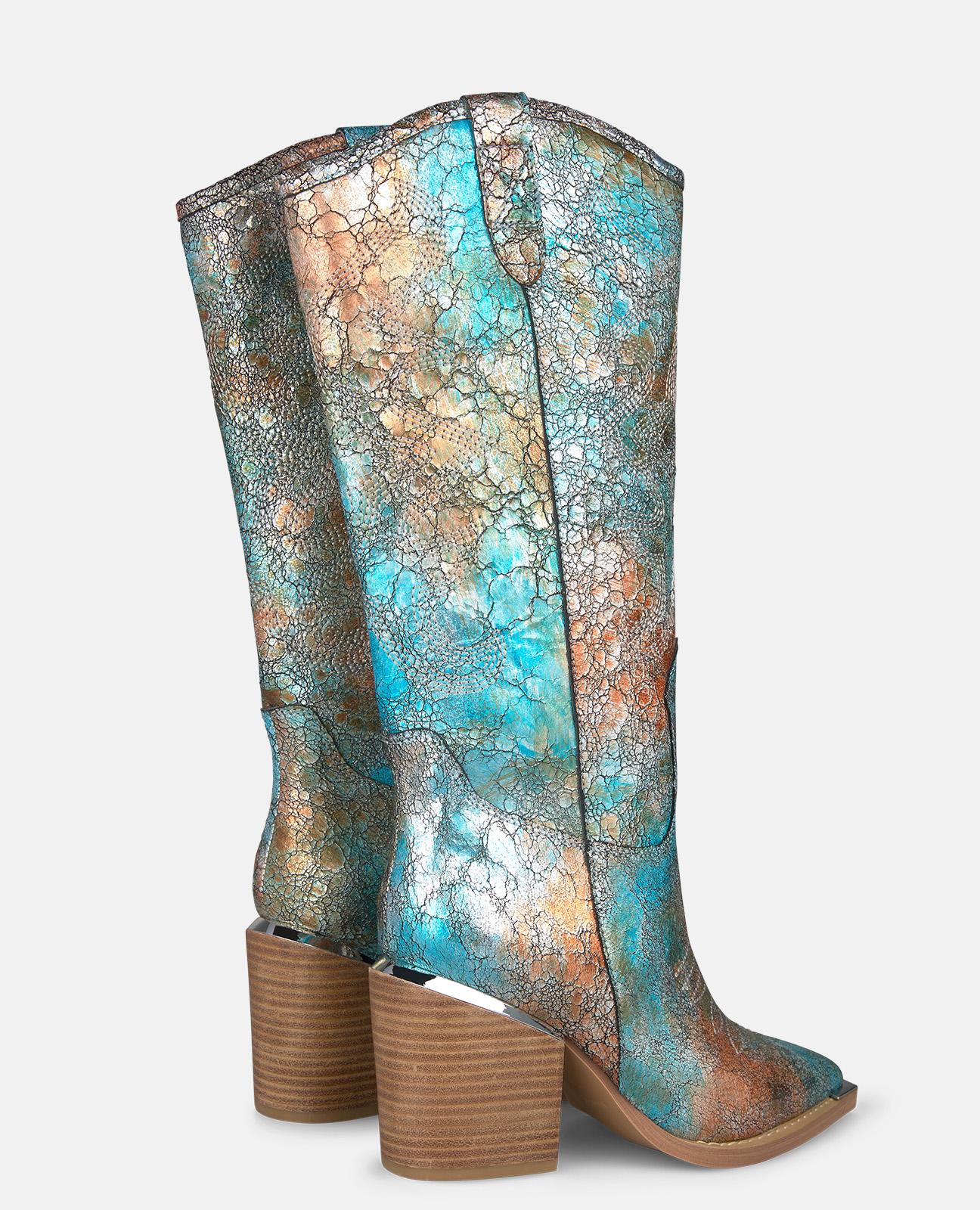 Botas Cowboy em Pele Efeito Fantasia com Detalhe Metálico no Tacão Azul oceano / Turquesa-3