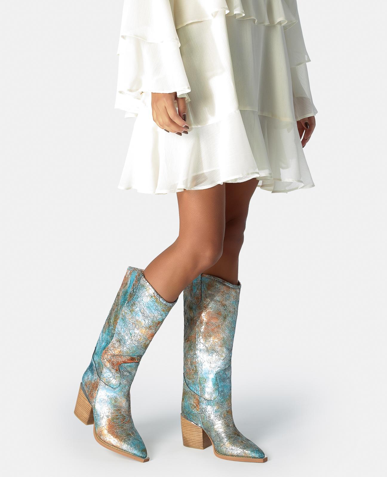 Botas Cowboy em Pele Efeito Fantasia com Detalhe Metálico no Tacão Azul oceano / Turquesa-5