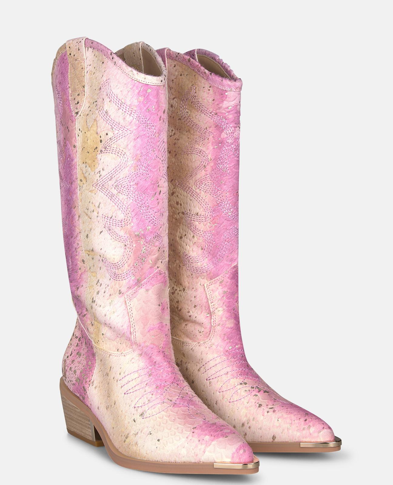 Botas Cowboy em Pele Efeito Serpente com Detalhe Metálico no Salto Rosa-pastel-2