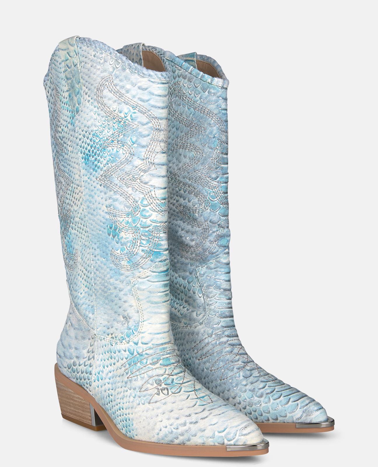 Botas Cowboy em Pele Efeito Serpente com Detalhe Metálico no Salto Azul-turquesa-2