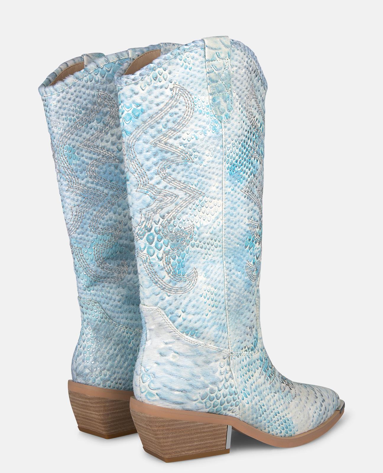 Botas Cowboy em Pele Efeito Serpente com Detalhe Metálico no Salto Azul-turquesa-3