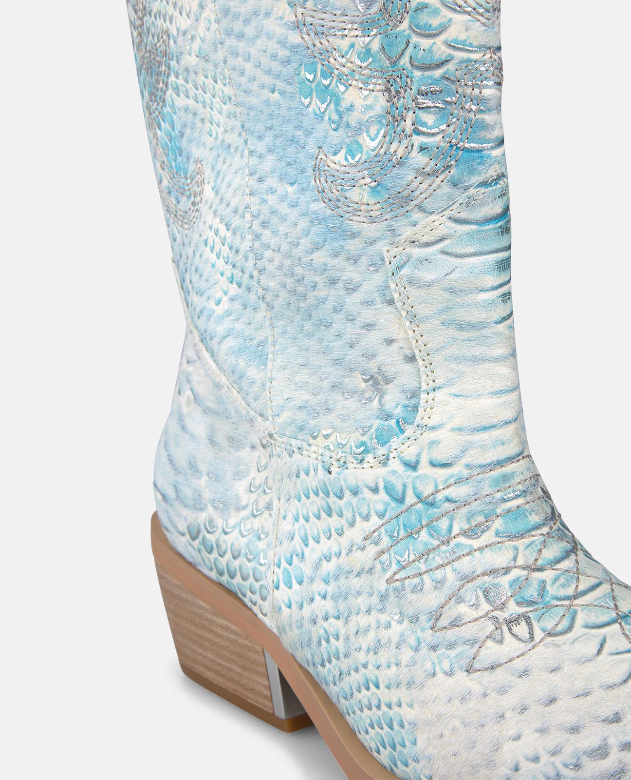 Botas Cowboy em Pele Efeito Serpente com Detalhe Metálico no Salto Azul-turquesa-4