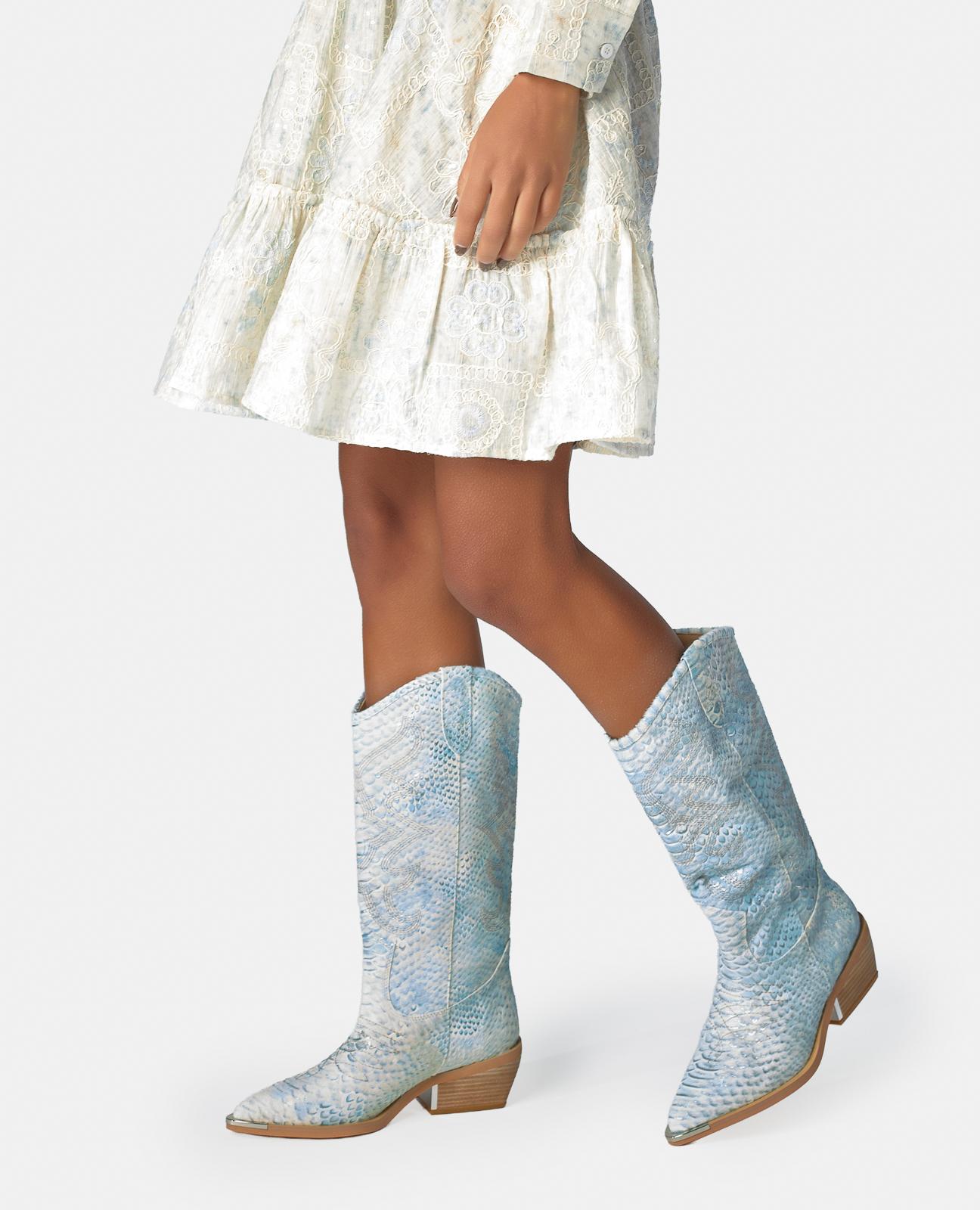 Botas Cowboy em Pele Efeito Serpente com Detalhe Metálico no Salto Azul-turquesa-5