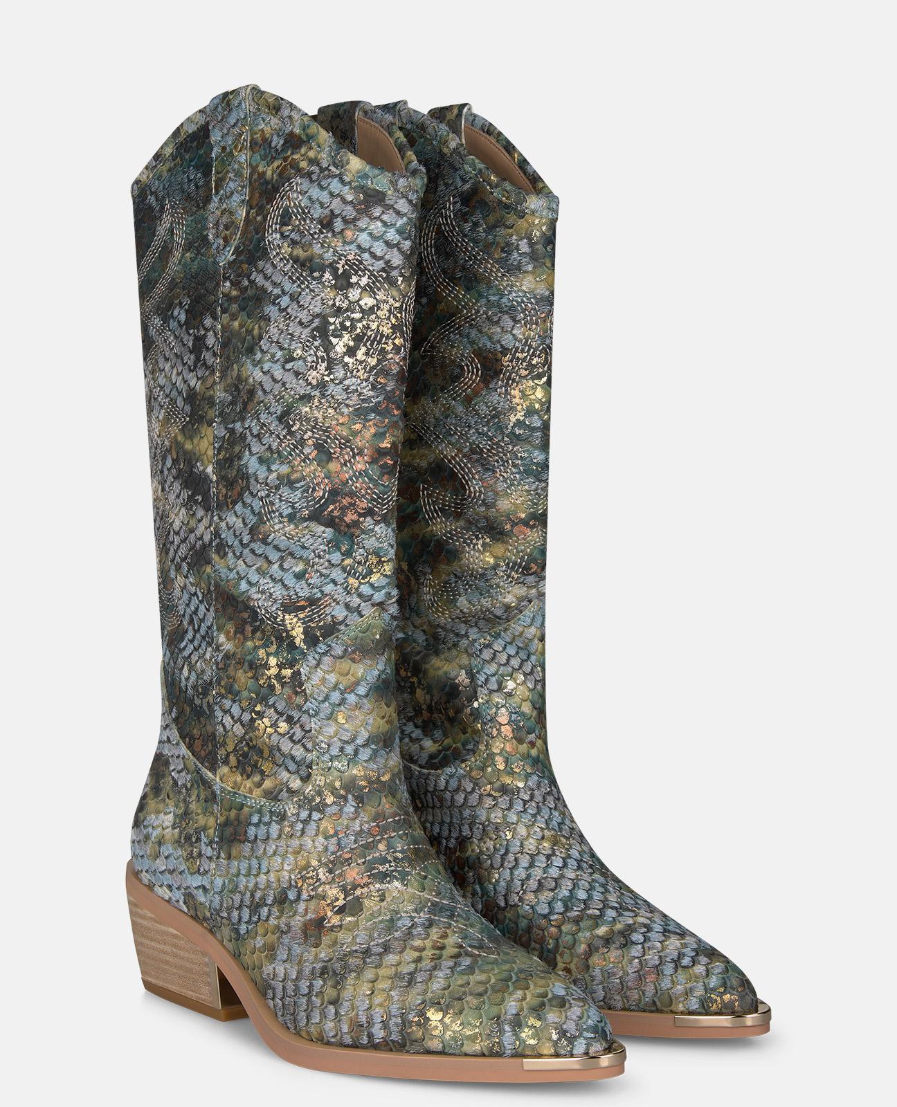 Botas Cowboy em Pele Efeito Fantasia com Detalhe Metálico no Tacão Azul / Verde-2