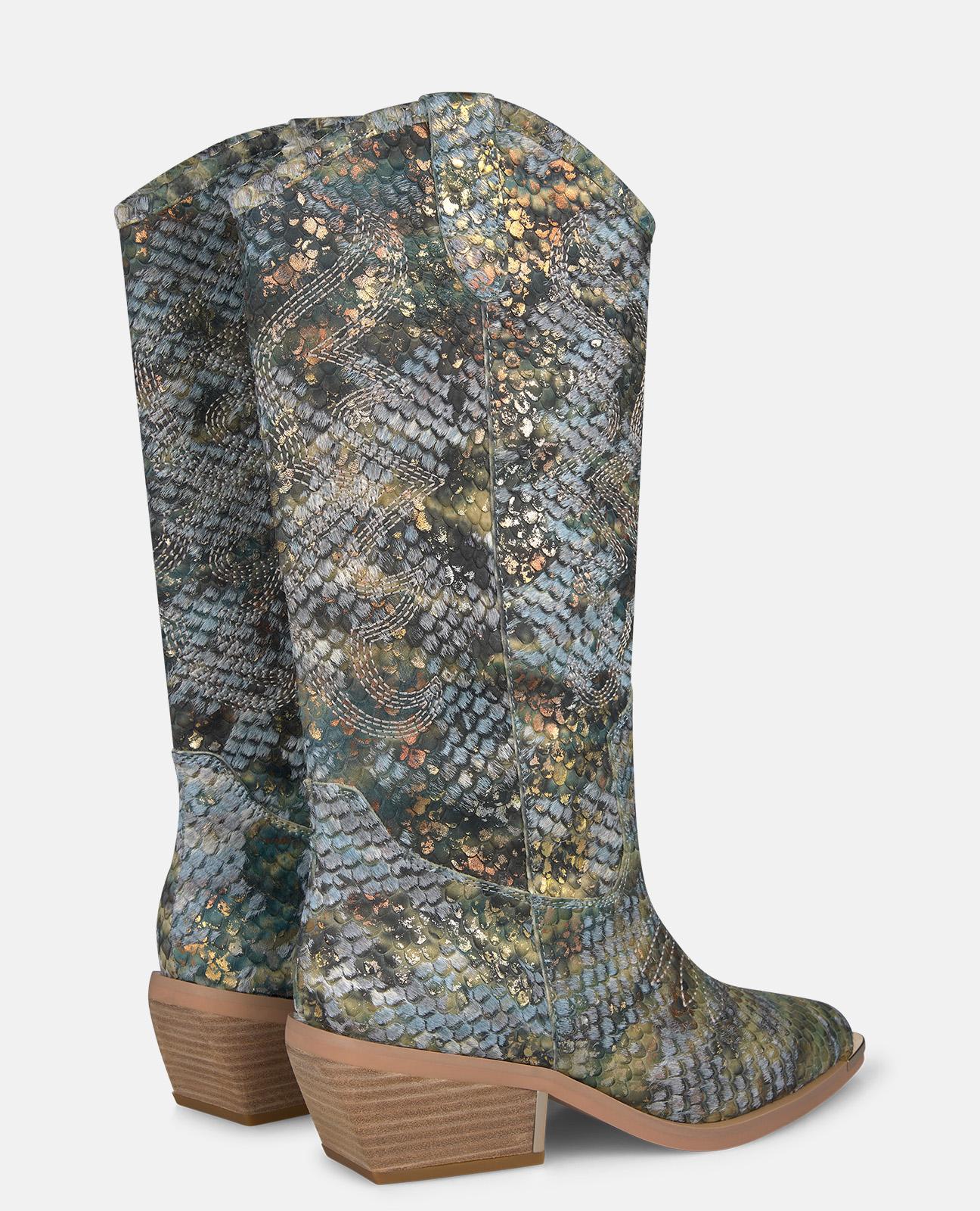 Botas Cowboy em Pele Efeito Fantasia com Detalhe Metálico no Tacão Azul / Verde-3
