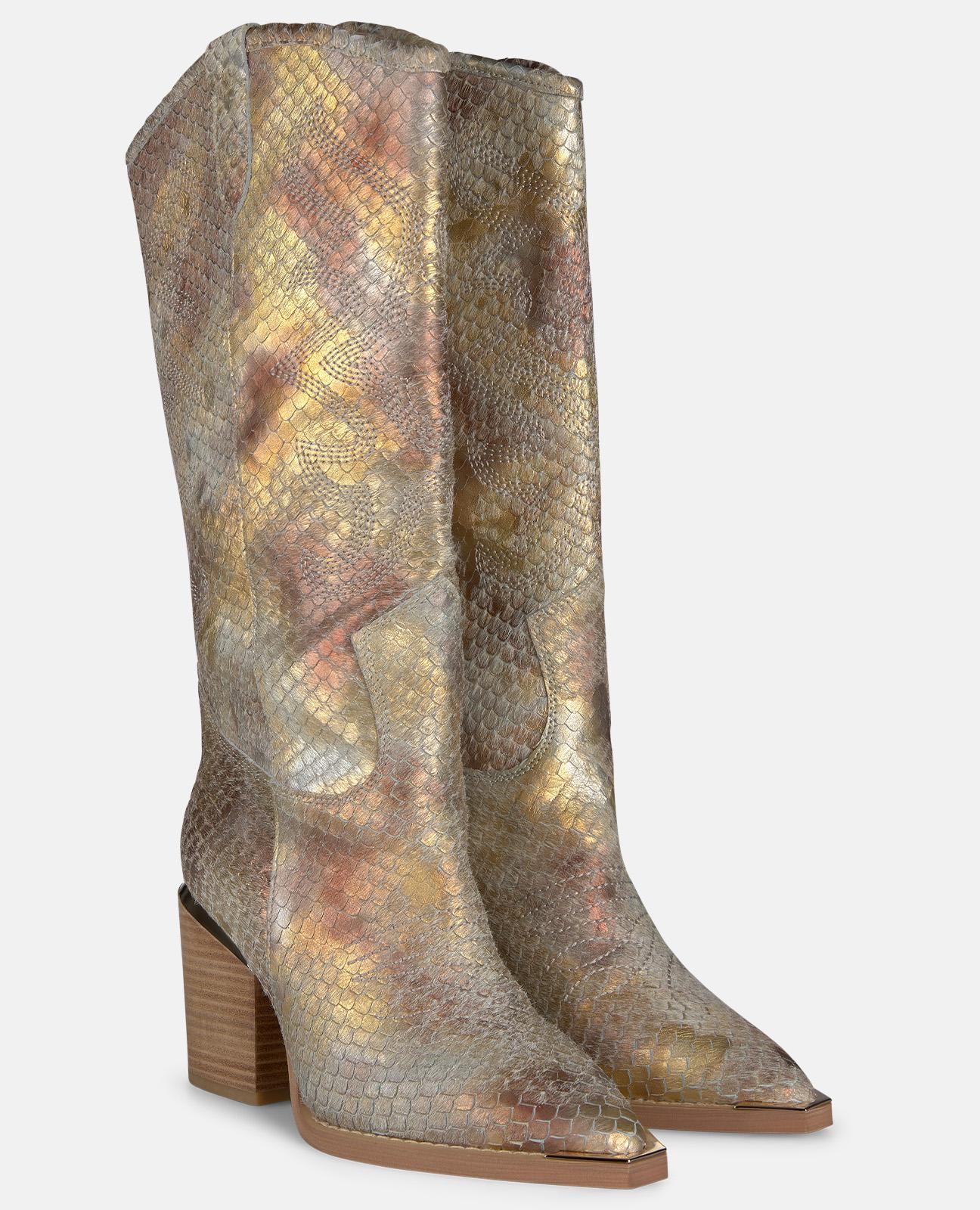 Botas Cowboy em Pele Efeito Fantasia com Puxadores Laterais Camel-2