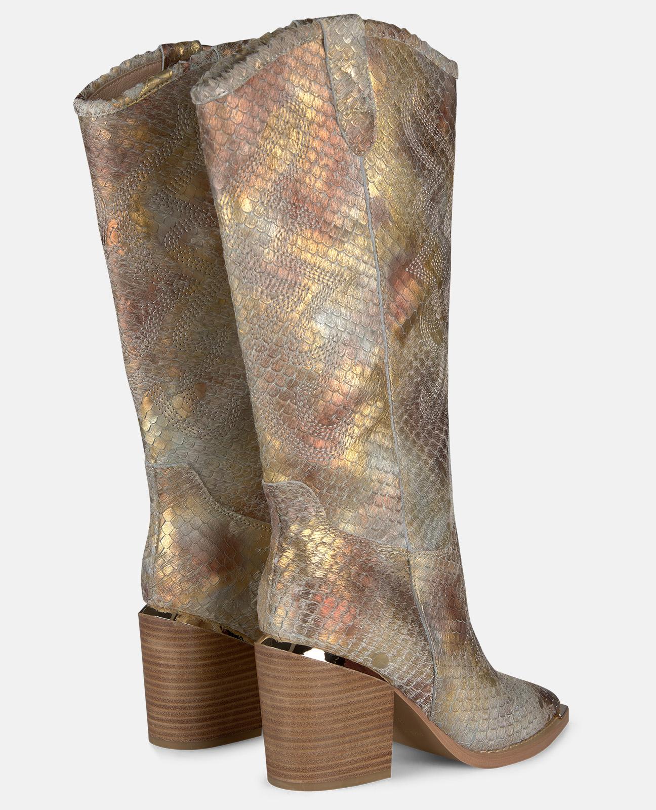 Botas Cowboy em Pele Efeito Fantasia com Puxadores Laterais Camel-3