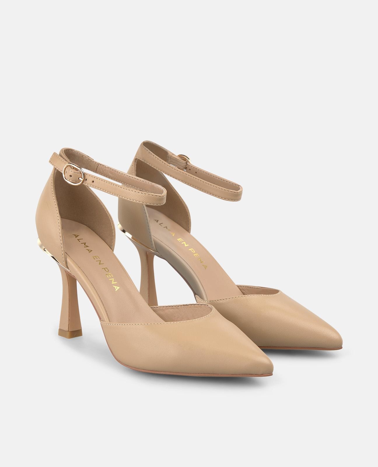 Sapatos de Salto em Napa com Fecho Através de Tira com Fivela Areia-2