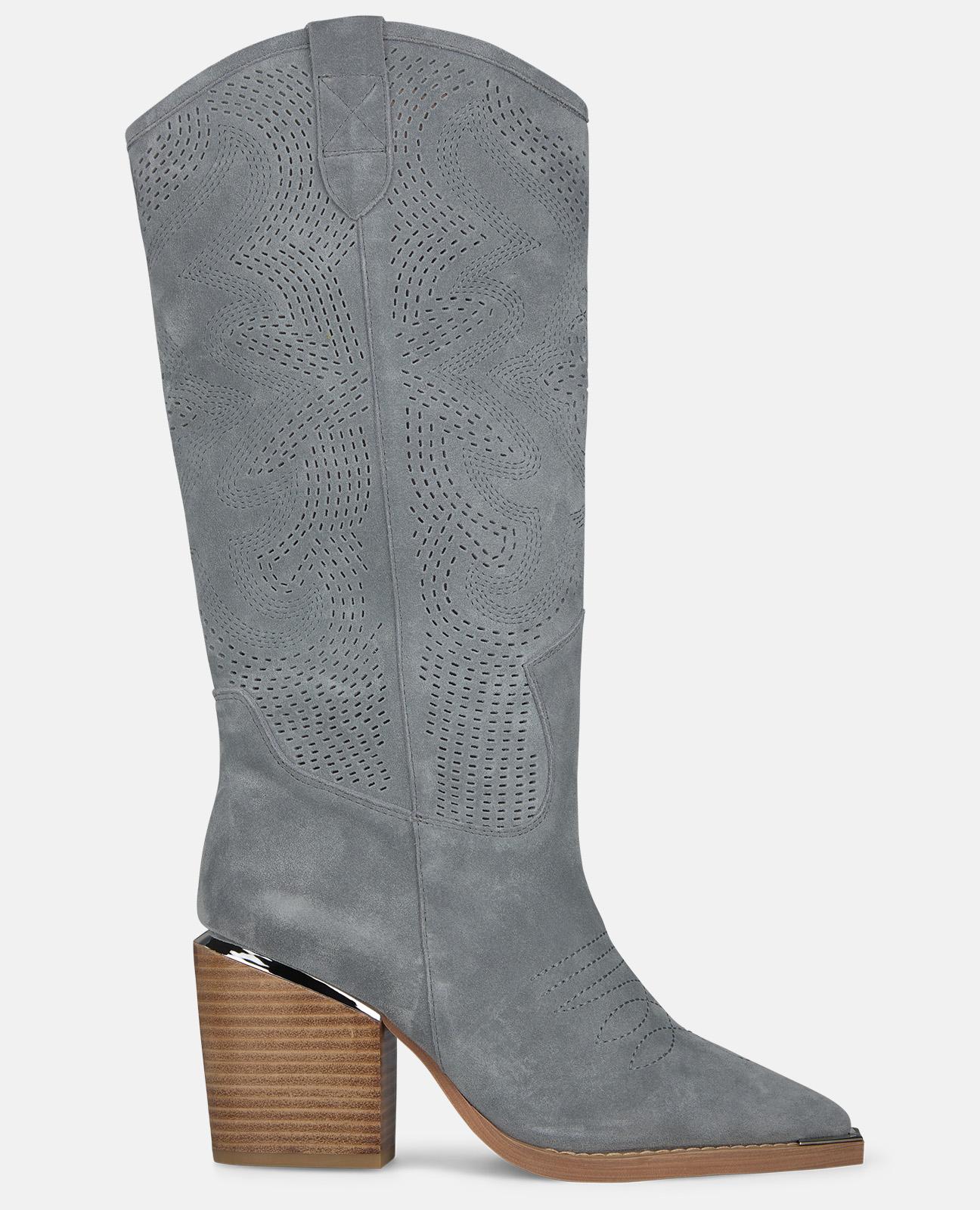 Imagem 0 de Botas Cowboy em Pele Efeito Jeans com Detalhe Metálico no Tacão