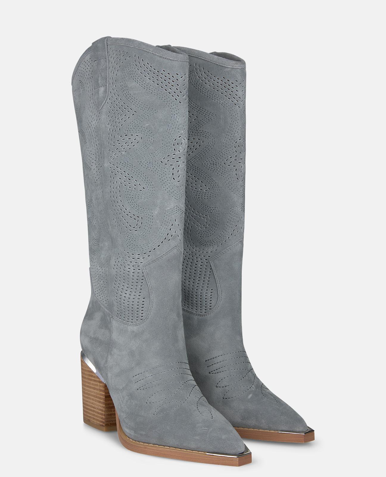 Botas Cowboy em Pele Efeito Jeans com Detalhe Metálico no Tacão Cinzento-2