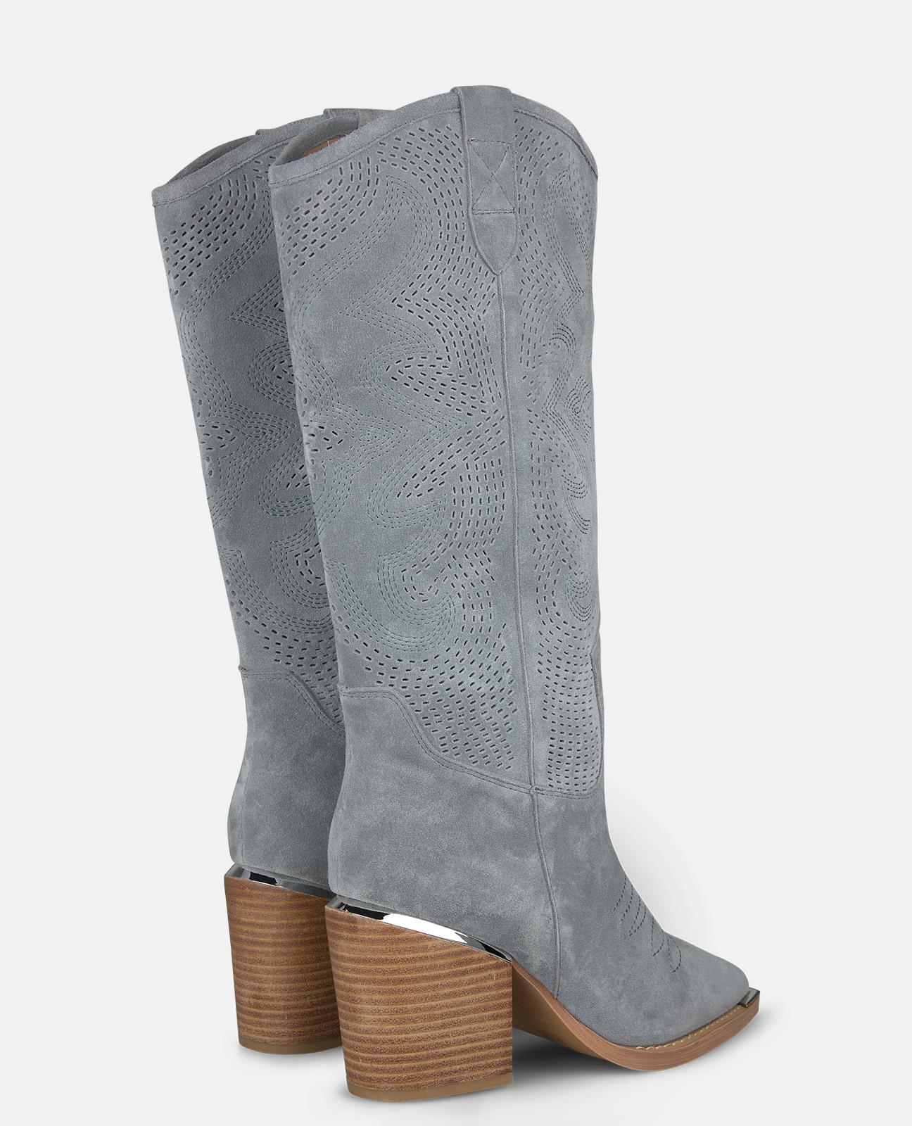 Botas Cowboy em Pele Efeito Jeans com Detalhe Metálico no Tacão Cinzento-3