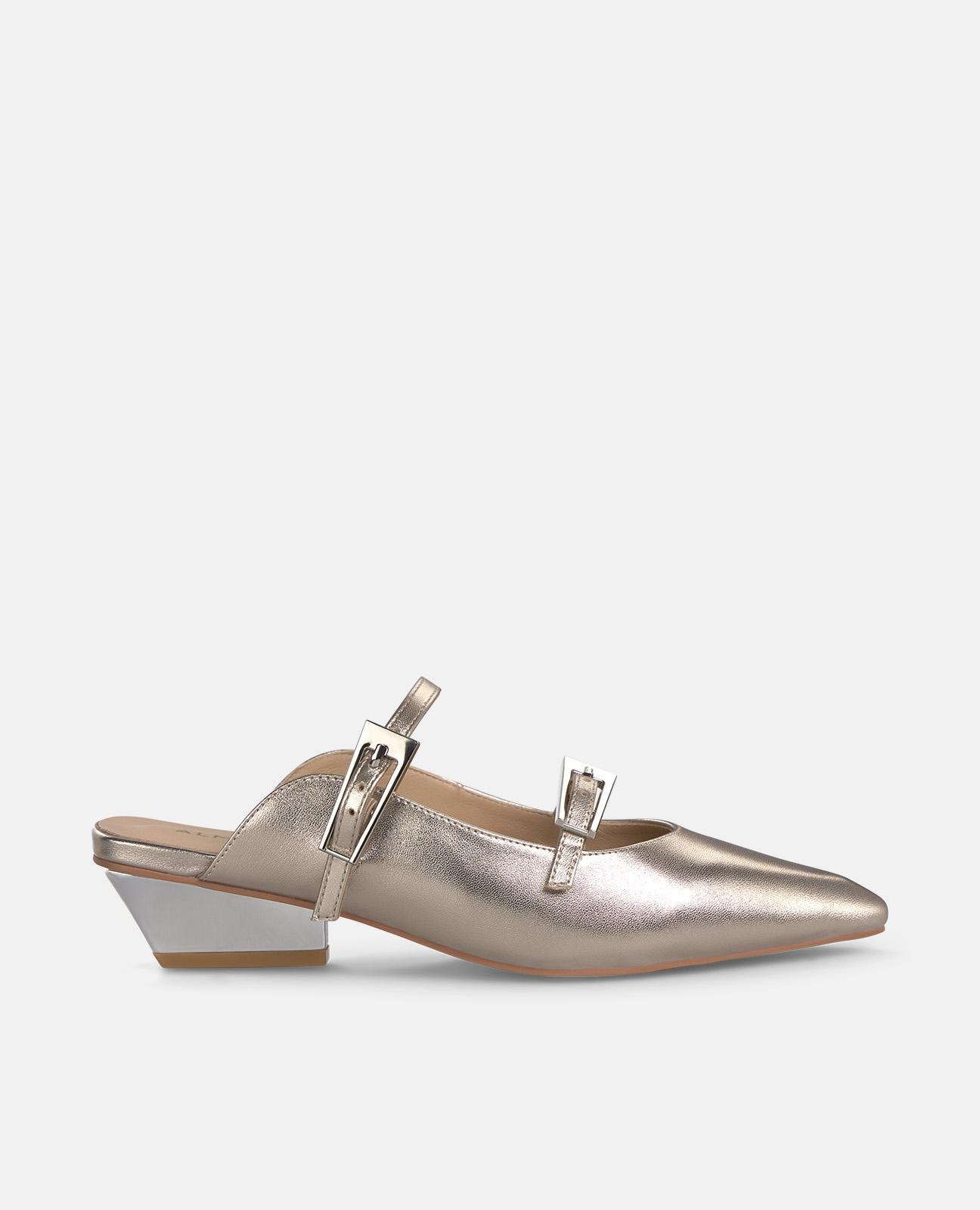 Imagem 0 de Mules de Salto com Efeito Metalizado com Fivelas