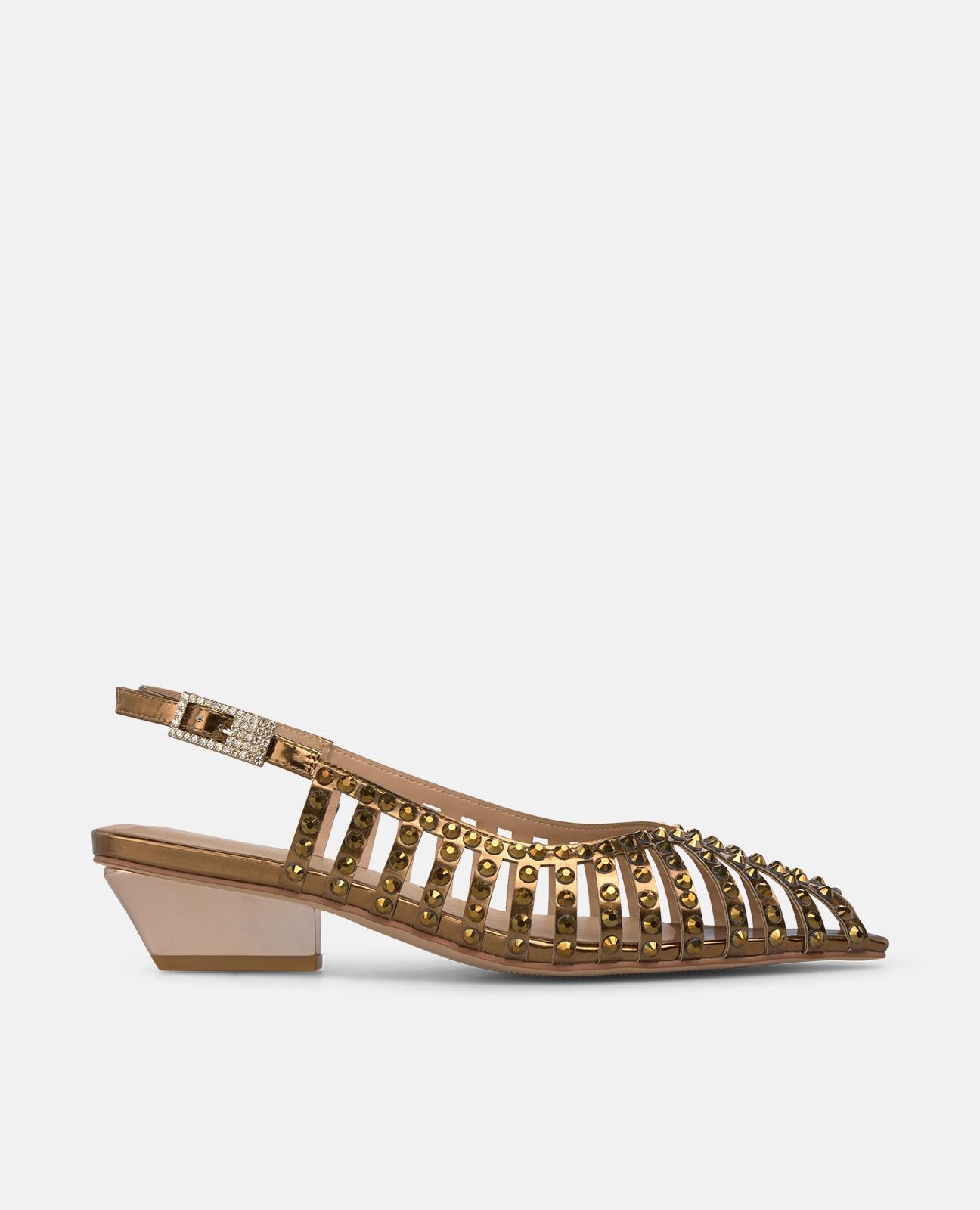 Imagem 0 de Sapatos de Salto com o Calcanhar Aberto com Rede com Pedras e Fecho de Fivela