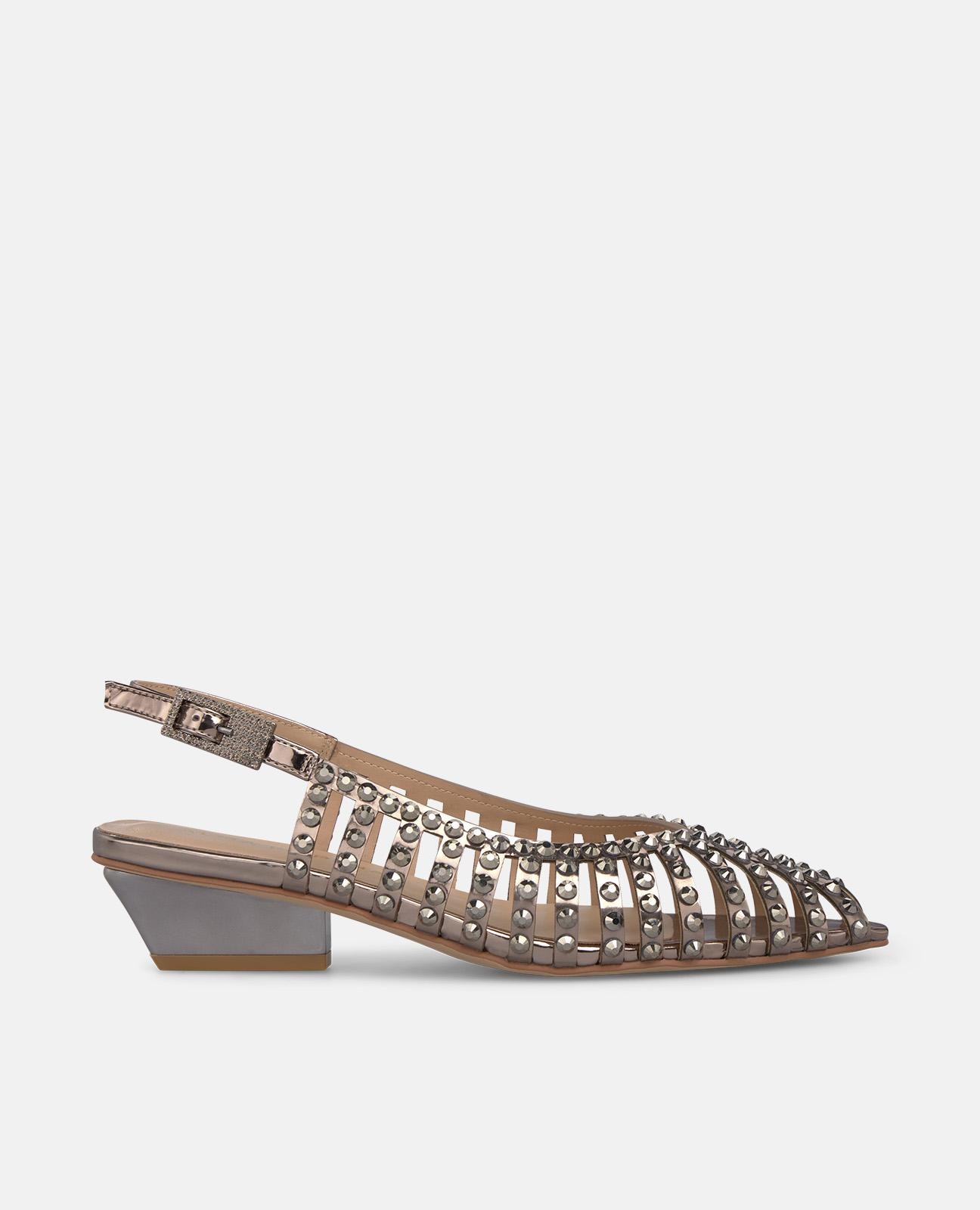 Sapatos de Salto com o Calcanhar Aberto com Rede com Pedras e Fecho de Fivela Prata-1