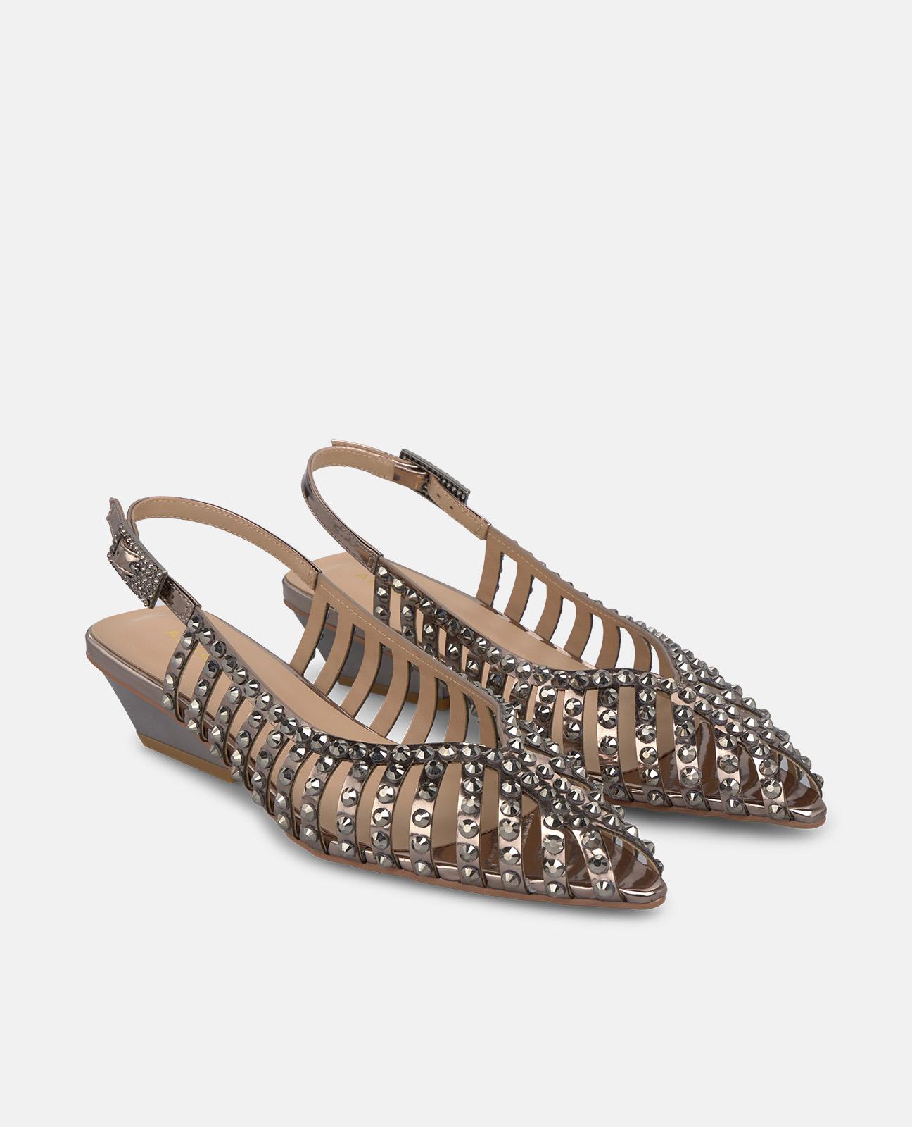 Sapatos de Salto com o Calcanhar Aberto com Rede com Pedras e Fecho de Fivela Prata-2