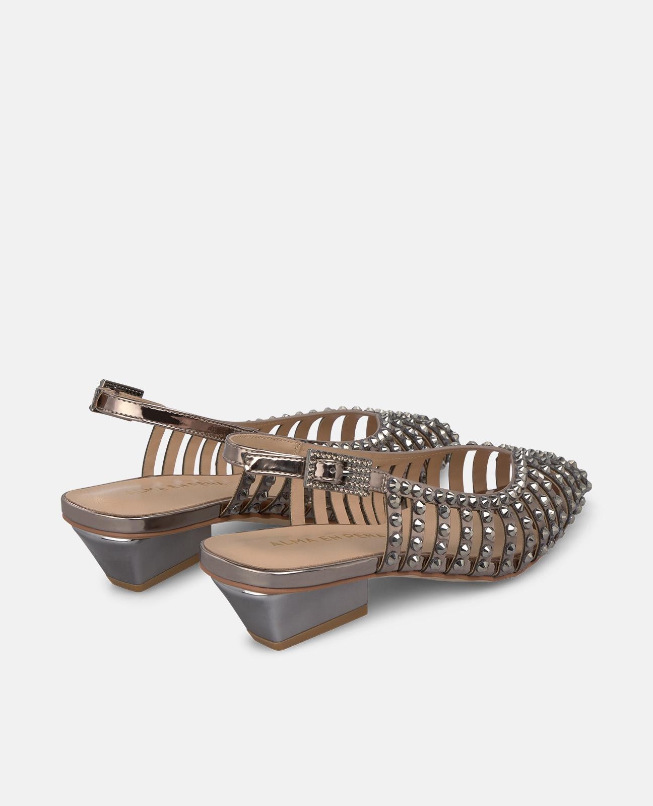 Sapatos de Salto com o Calcanhar Aberto com Rede com Pedras e Fecho de Fivela Prata-3