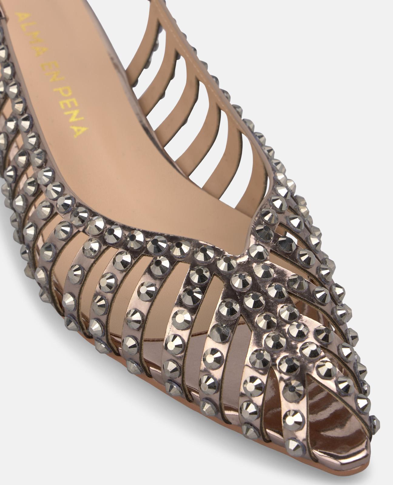Sapatos de Salto com o Calcanhar Aberto com Rede com Pedras e Fecho de Fivela Prata-4