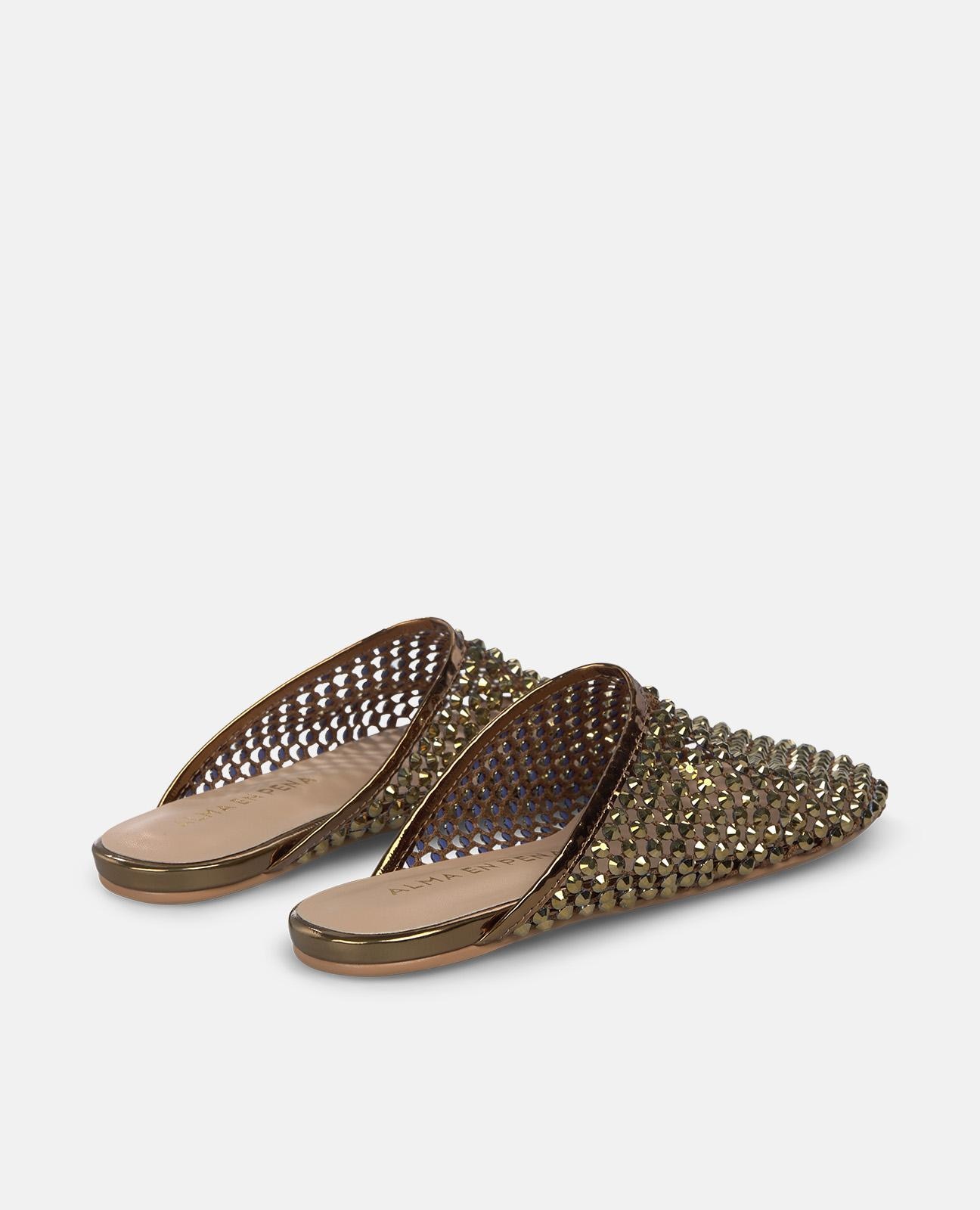 Mules Rasos com Parte Exterior de Rede com Tacha de Pedraria Ouro-3