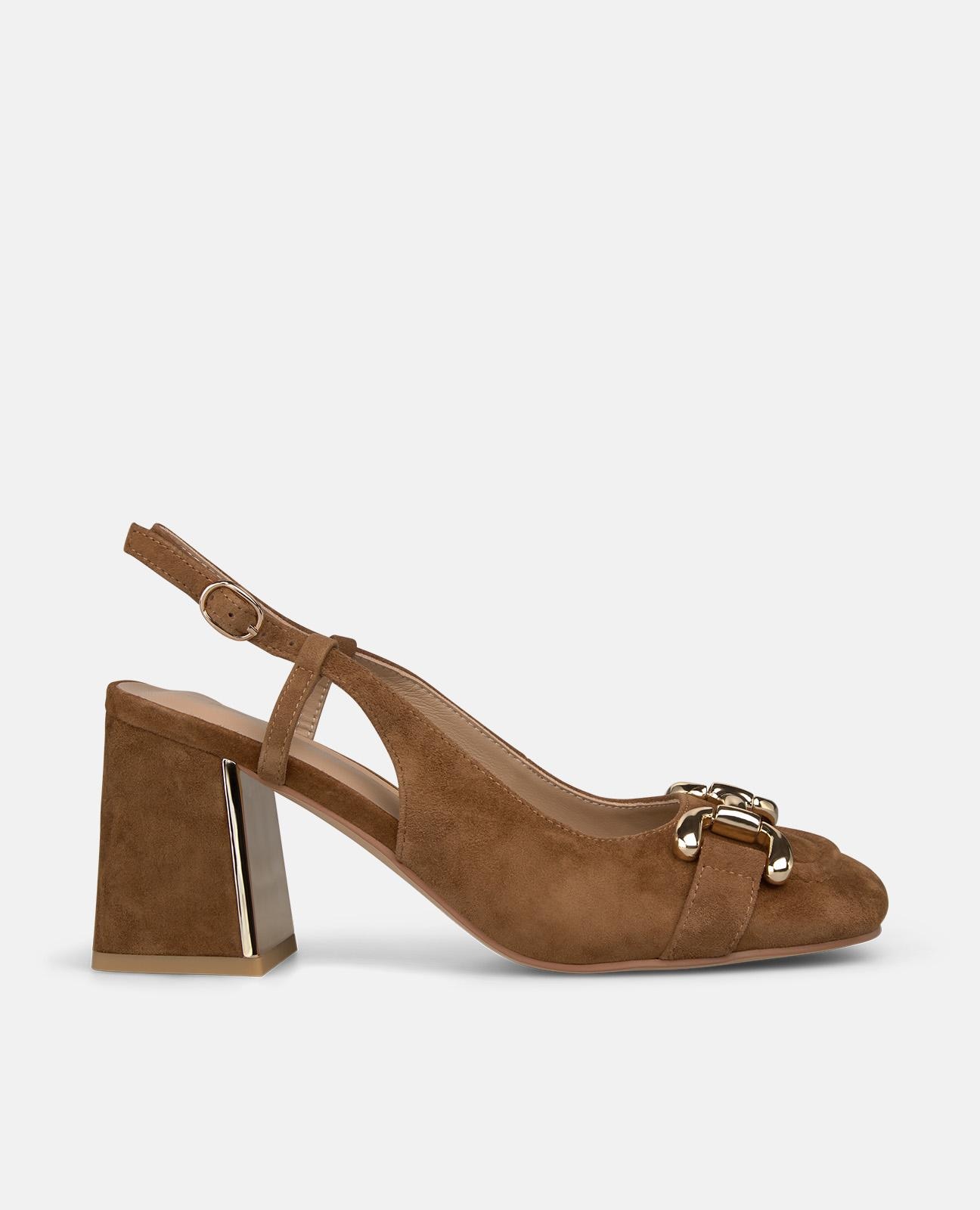 Sapatos de Salto em Pele com o Calcanhar Aberto e Fecho de Fivela Caramelo-1