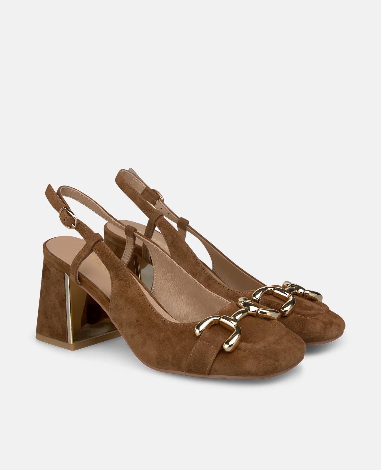 Sapatos de Salto em Pele com o Calcanhar Aberto e Fecho de Fivela Caramelo-2