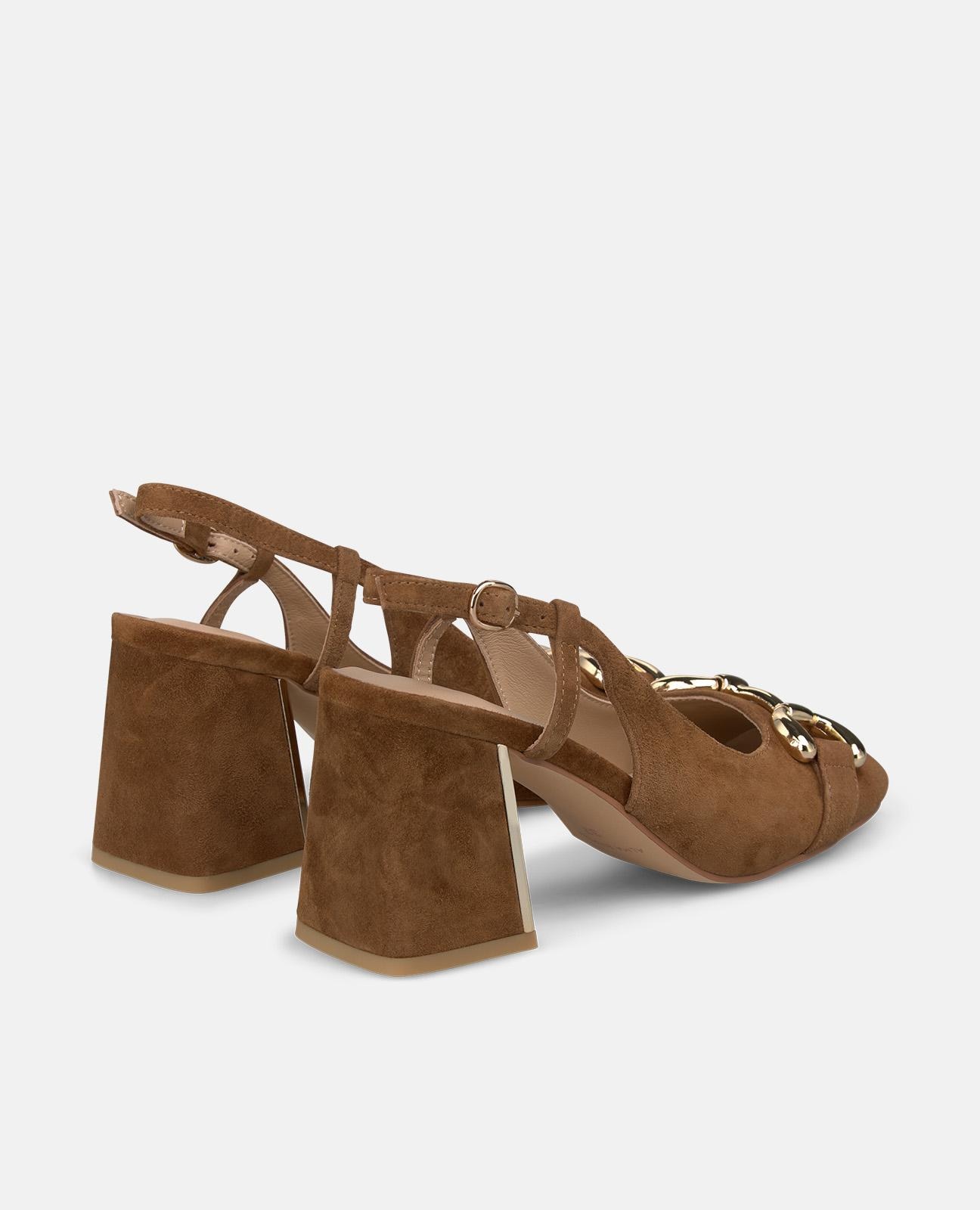 Sapatos de Salto em Pele com o Calcanhar Aberto e Fecho de Fivela Caramelo-3