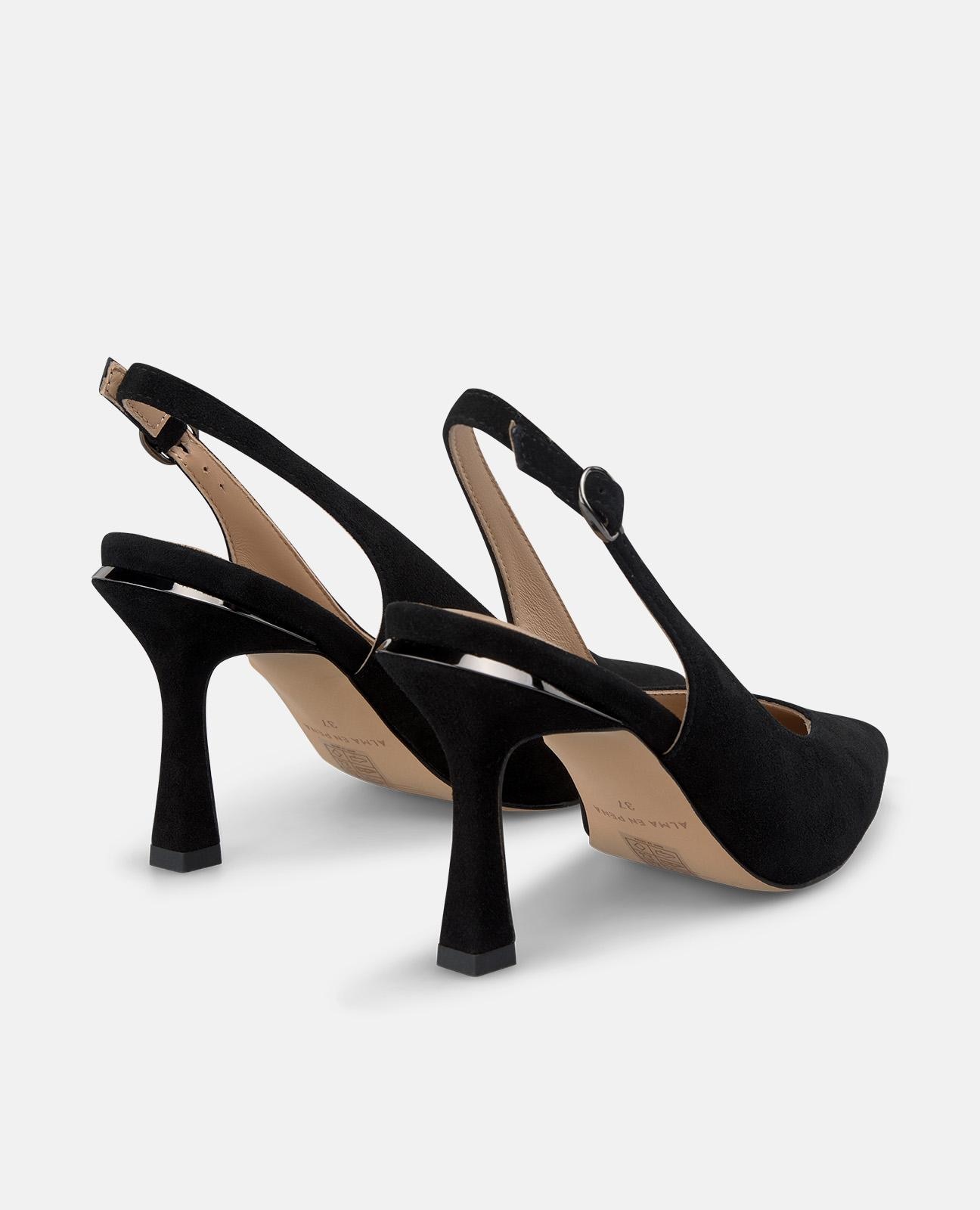 Sapatos de Salto com o Calcanhar Aberto em Napa com Tira Posterior com Fivela Preto-3