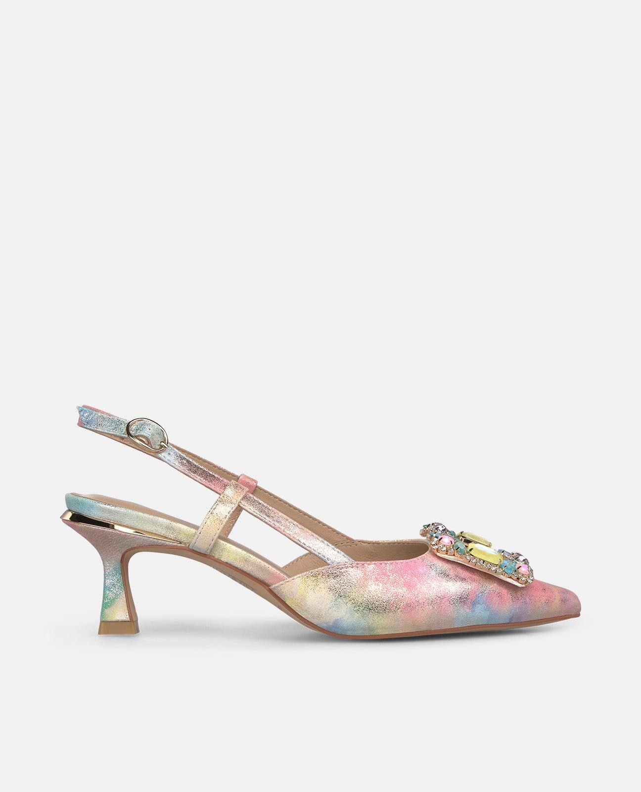Imagem 0 de Sapatos de Salto com o Calcanhar Aberto em Pele Efeito Fantasia com Detalhe Joia