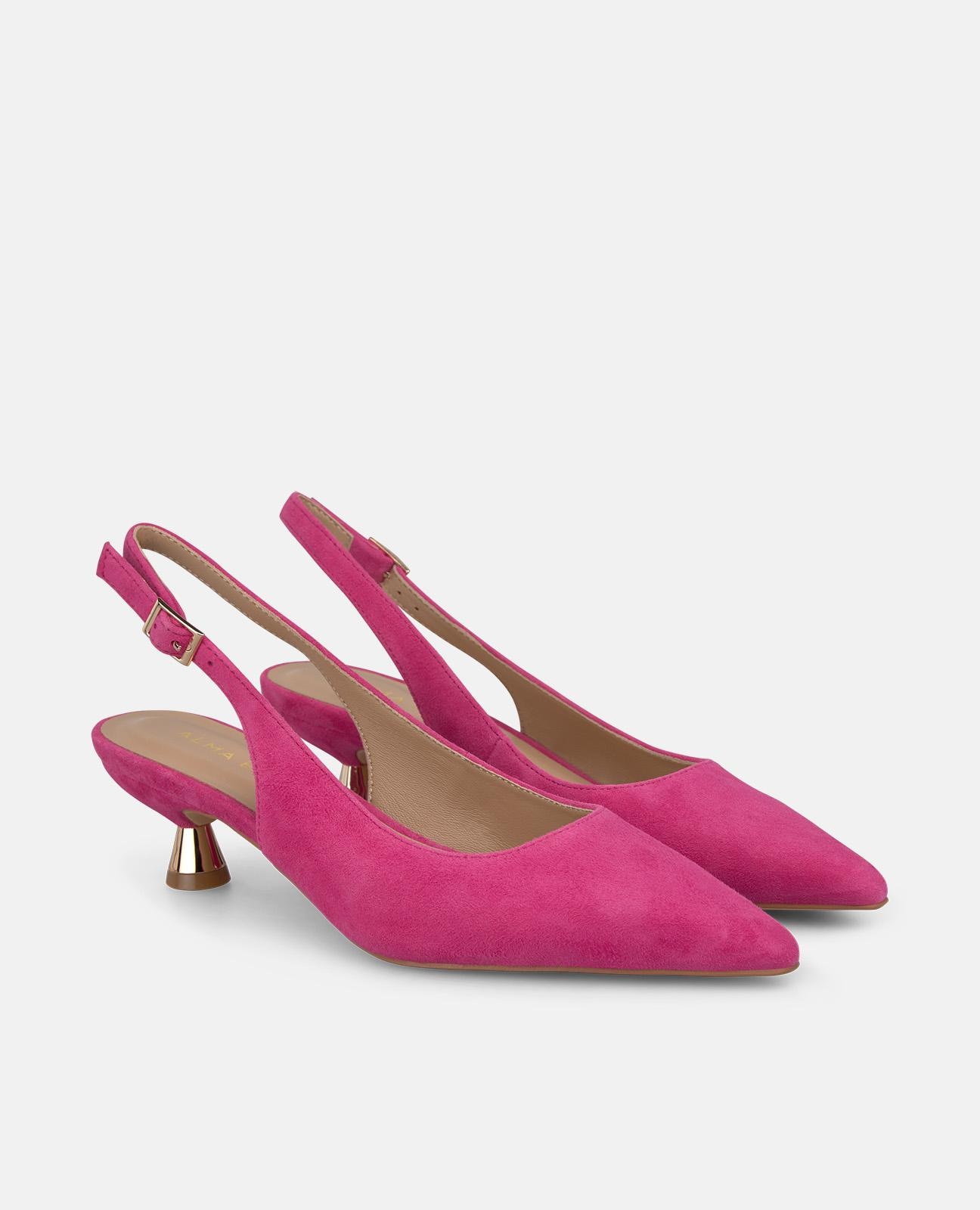 Sapatos de Salto em Pele com o Calcanhar Aberto e Fecho de Fivela Fúcsia-2