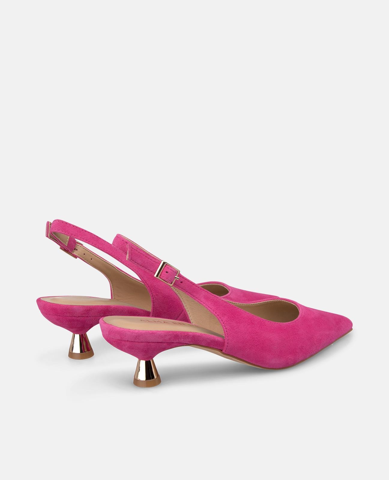 Sapatos de Salto em Pele com o Calcanhar Aberto e Fecho de Fivela Fúcsia-3