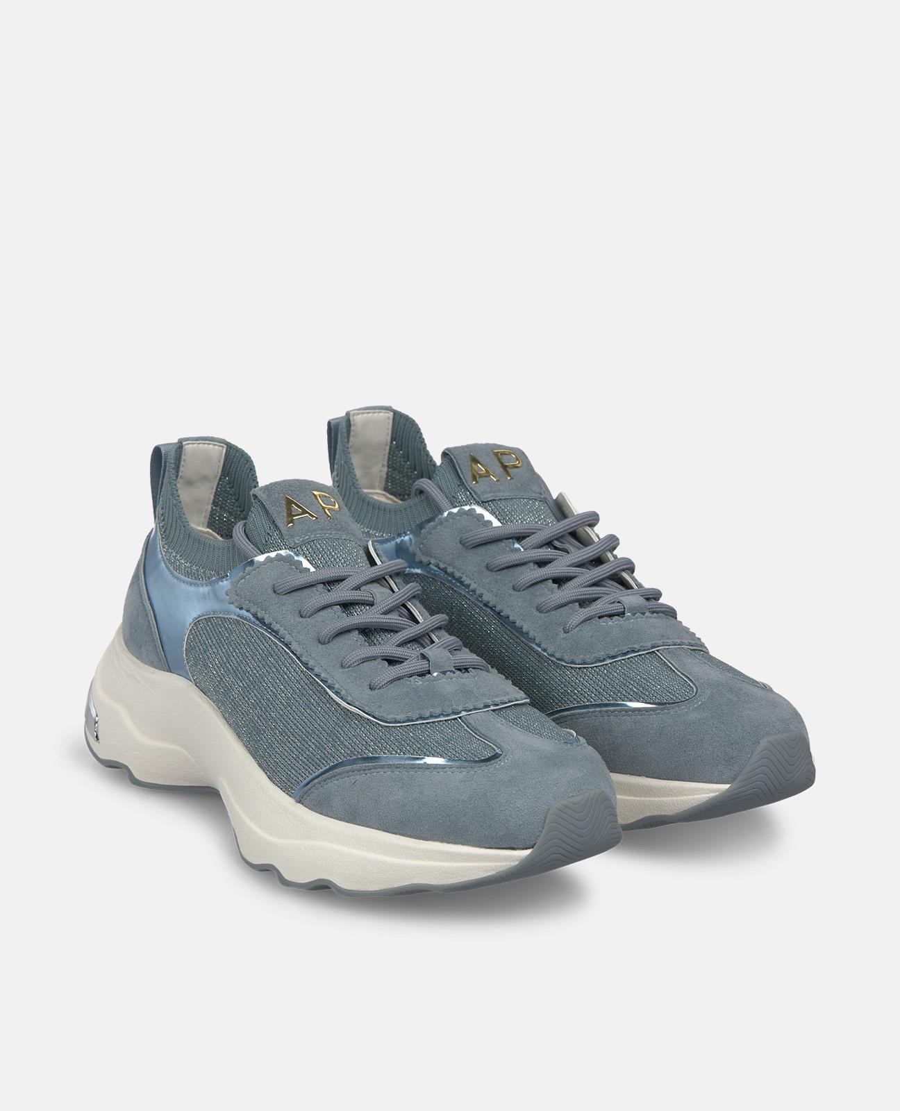 Sapatilhas Desportivas de Pele com Detalhes Metálicos e Fecho com Atacadores Azul-acinzentado-2