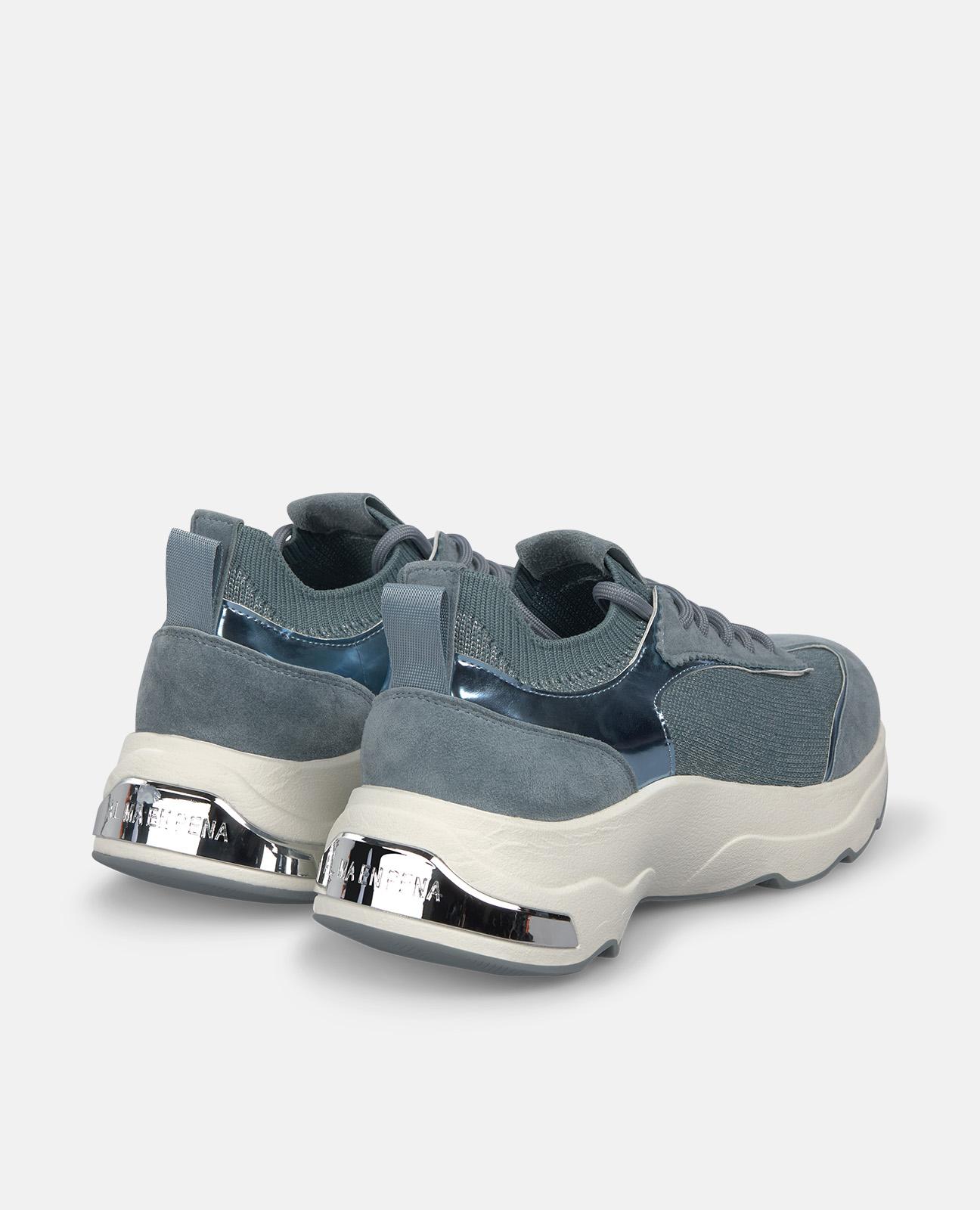 Sapatilhas Desportivas de Pele com Detalhes Metálicos e Fecho com Atacadores Azul-acinzentado-3