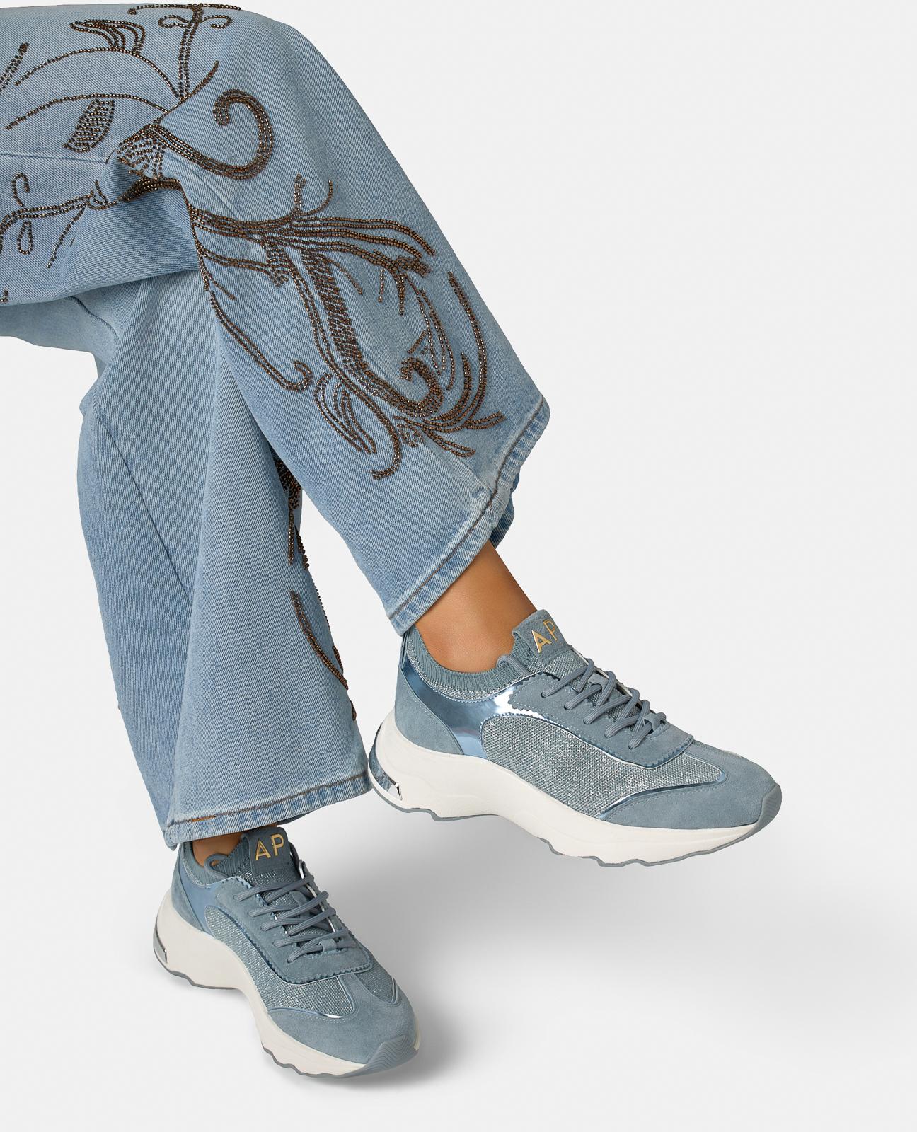 Sapatilhas Desportivas de Pele com Detalhes Metálicos e Fecho com Atacadores Azul-acinzentado-5