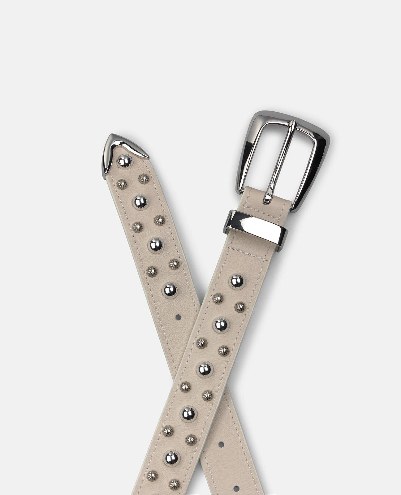 Cinto com Fivela de Pele com Design de Tachas e Fivela Quadrada Branco-2