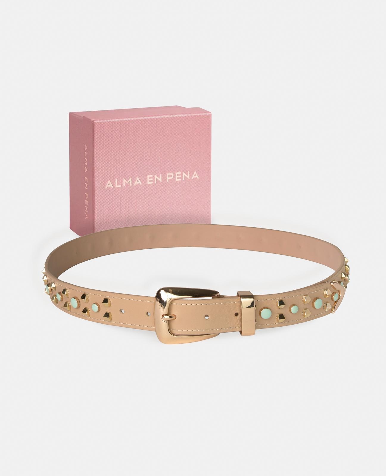 Cinto com Fivela de Pele com Design de Tachas Multicolor e Fivela Quadrada Castanho-4