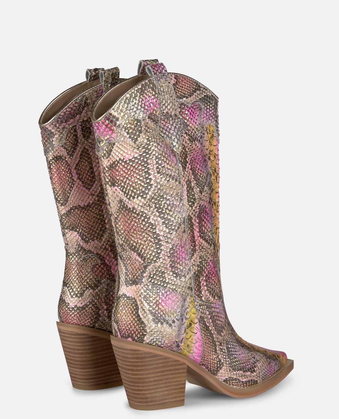 Botas Cowboy em Pele Efeito Serpente com Alças Laterais Rosa-3