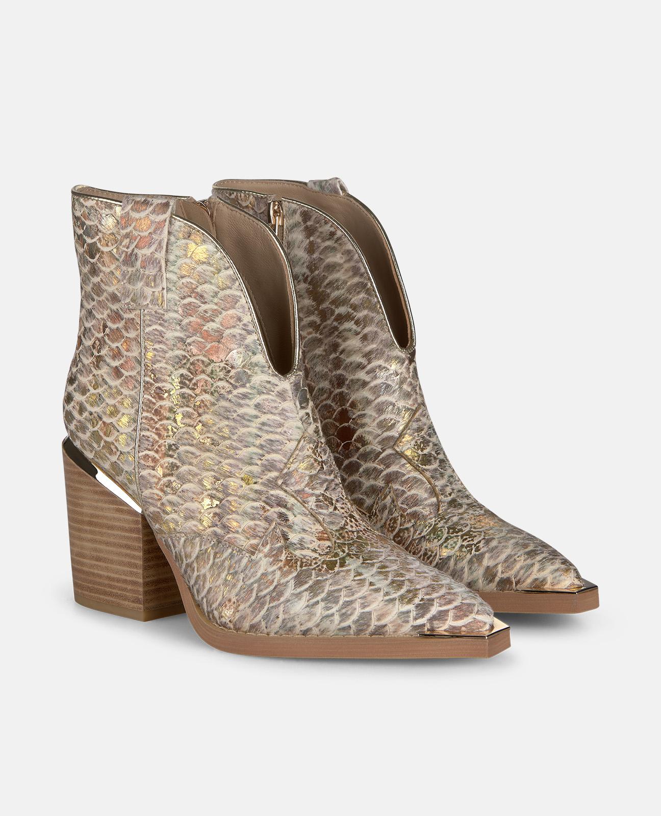 Botins Cowboy em Pele Efeito Serpente com Corte Decotado Frontal Camel-2