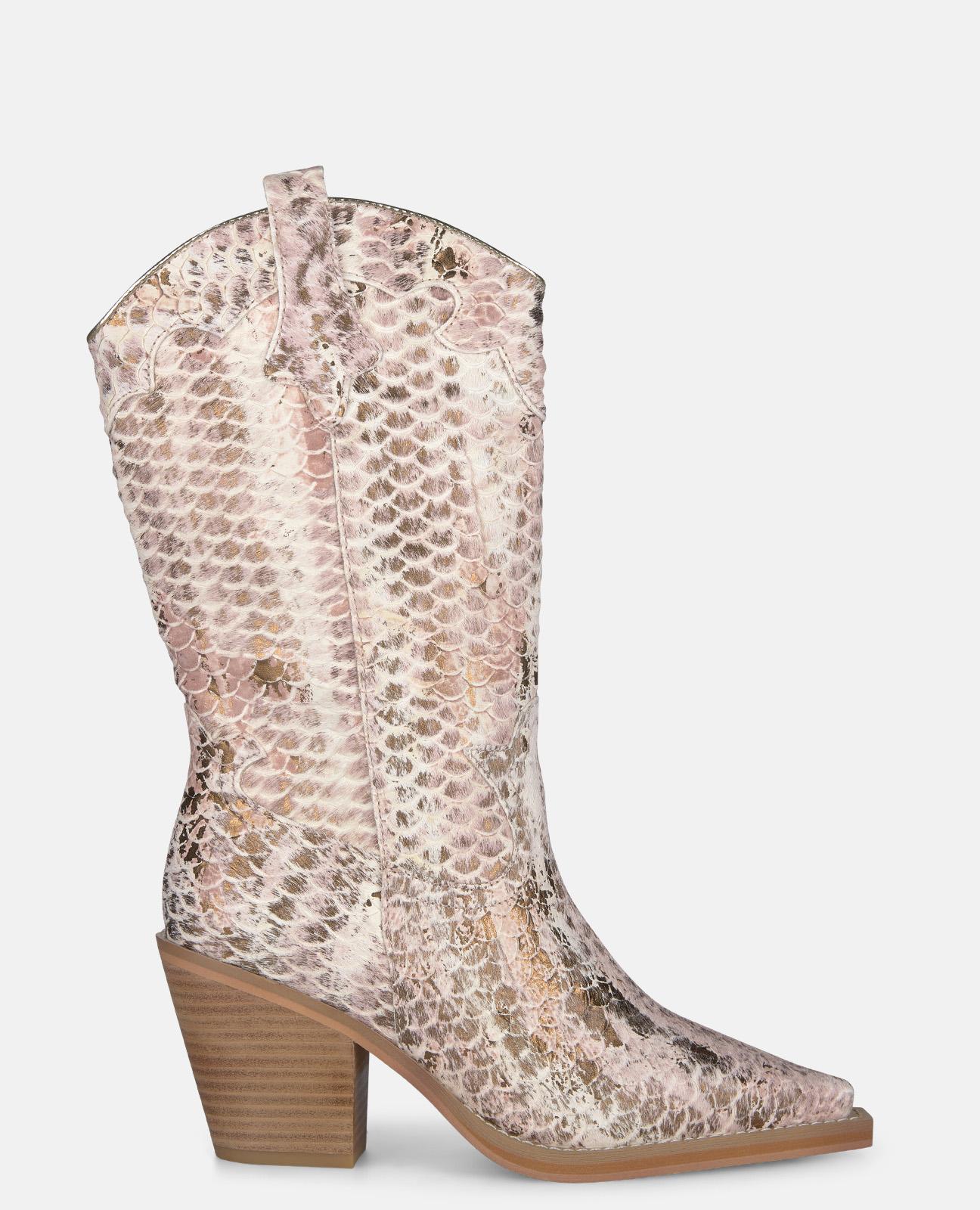 Botas Cowboy em Pele Efeito Fantasia com Puxadores Laterais Bege/Rosa-1