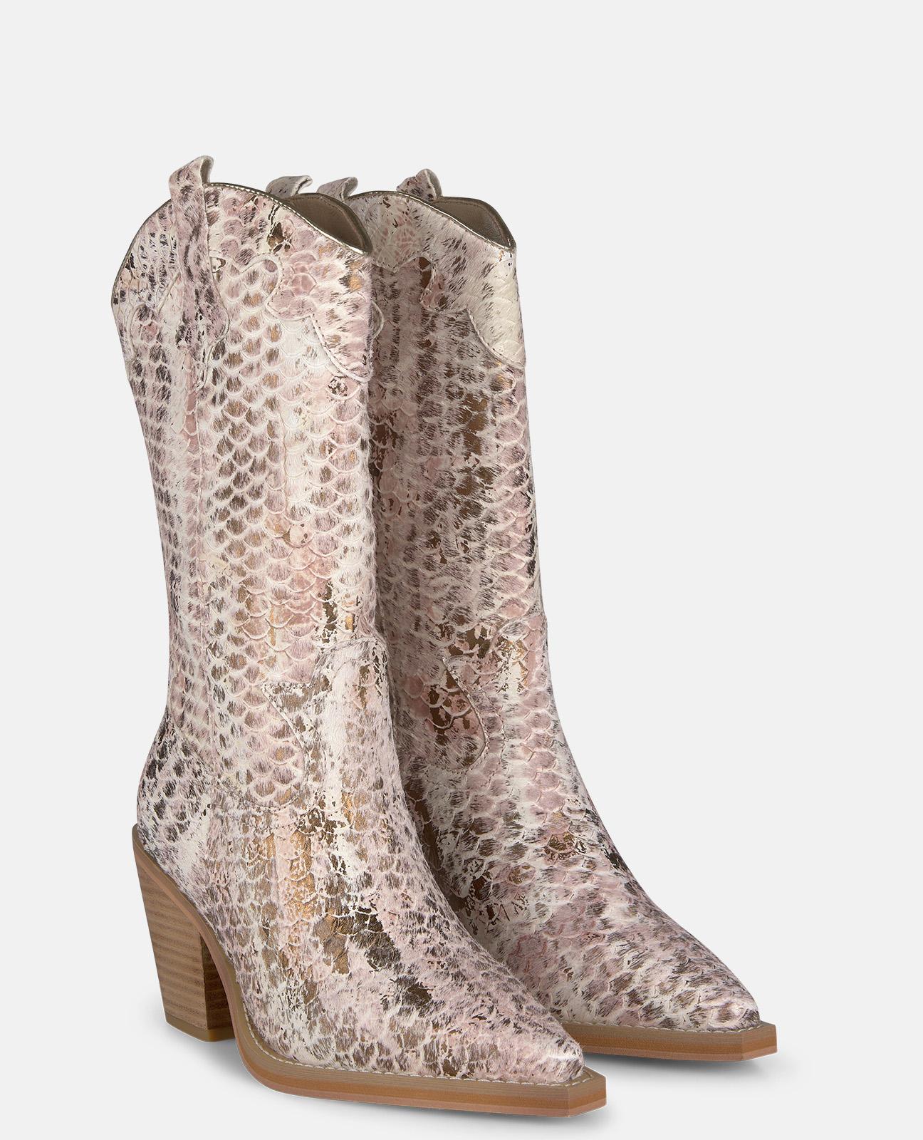 Botas Cowboy em Pele Efeito Fantasia com Puxadores Laterais Bege/Rosa-2