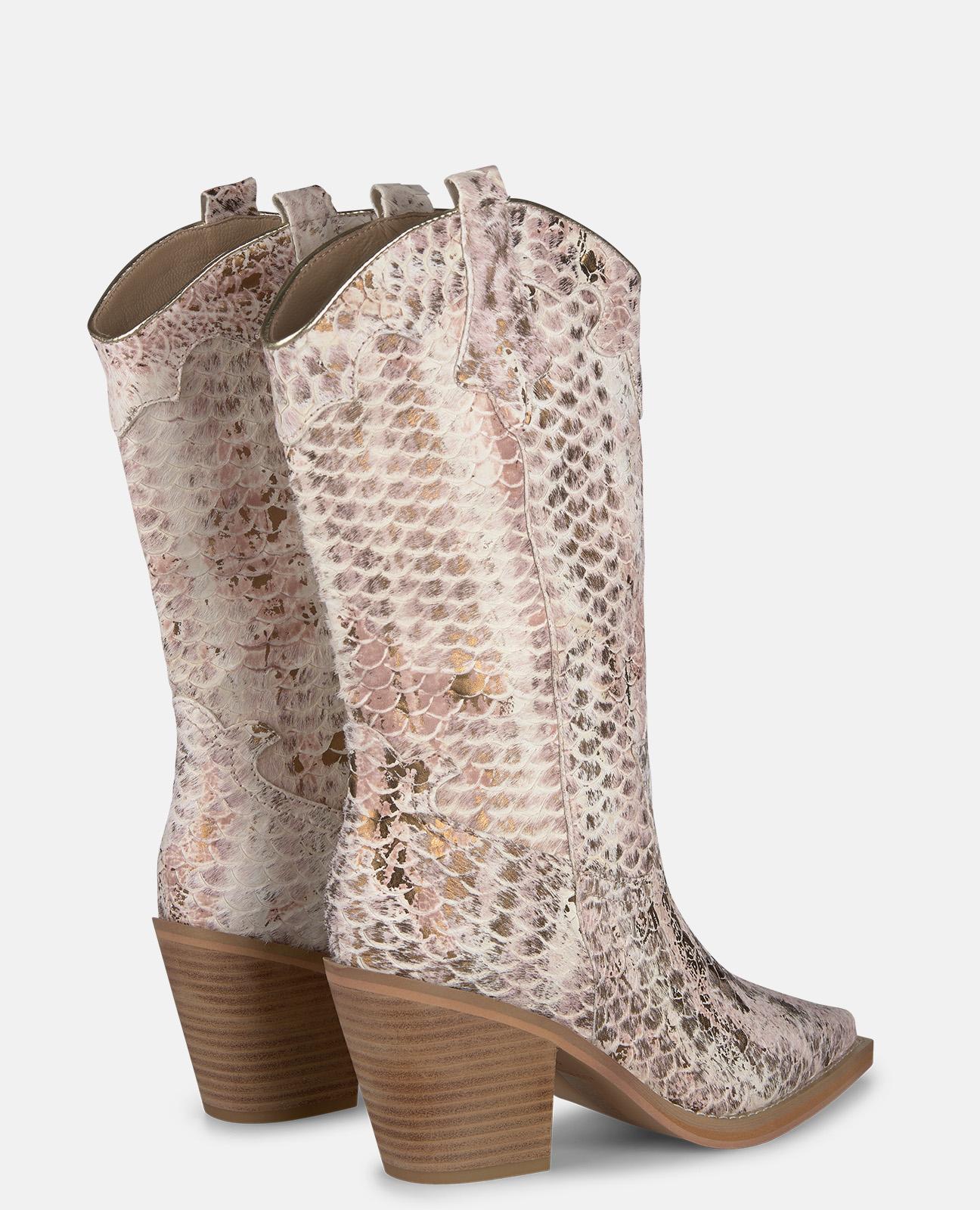 Botas Cowboy em Pele Efeito Fantasia com Puxadores Laterais Bege/Rosa-3
