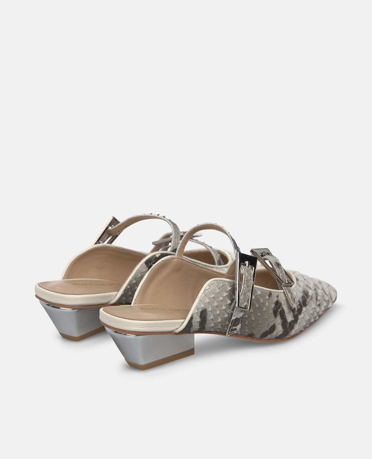 Mules de Salto Efeito Metalizado com Fivelas Branco-3