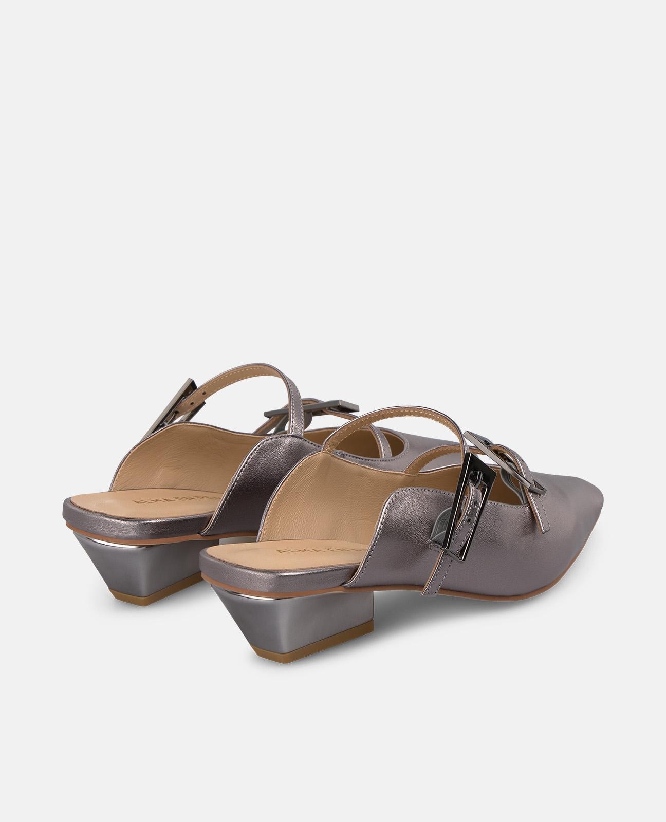Mules de Salto Efeito Metalizado com Fivelas Prata-3