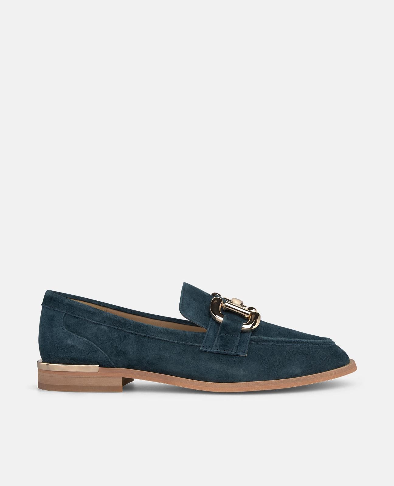 Mocassins Rasos com Adorno Frontal e Detalhe Metálico na Parte Do Salto Azul-marinho-1