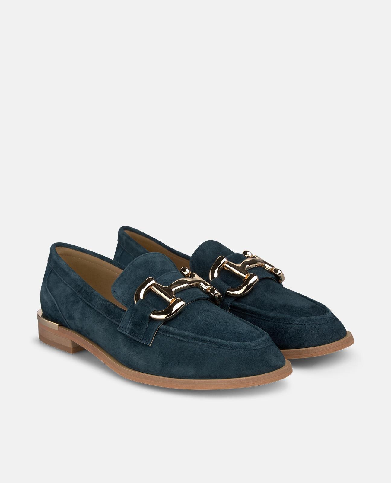 Mocassins Rasos com Adorno Frontal e Detalhe Metálico na Parte Do Salto Azul-marinho-2