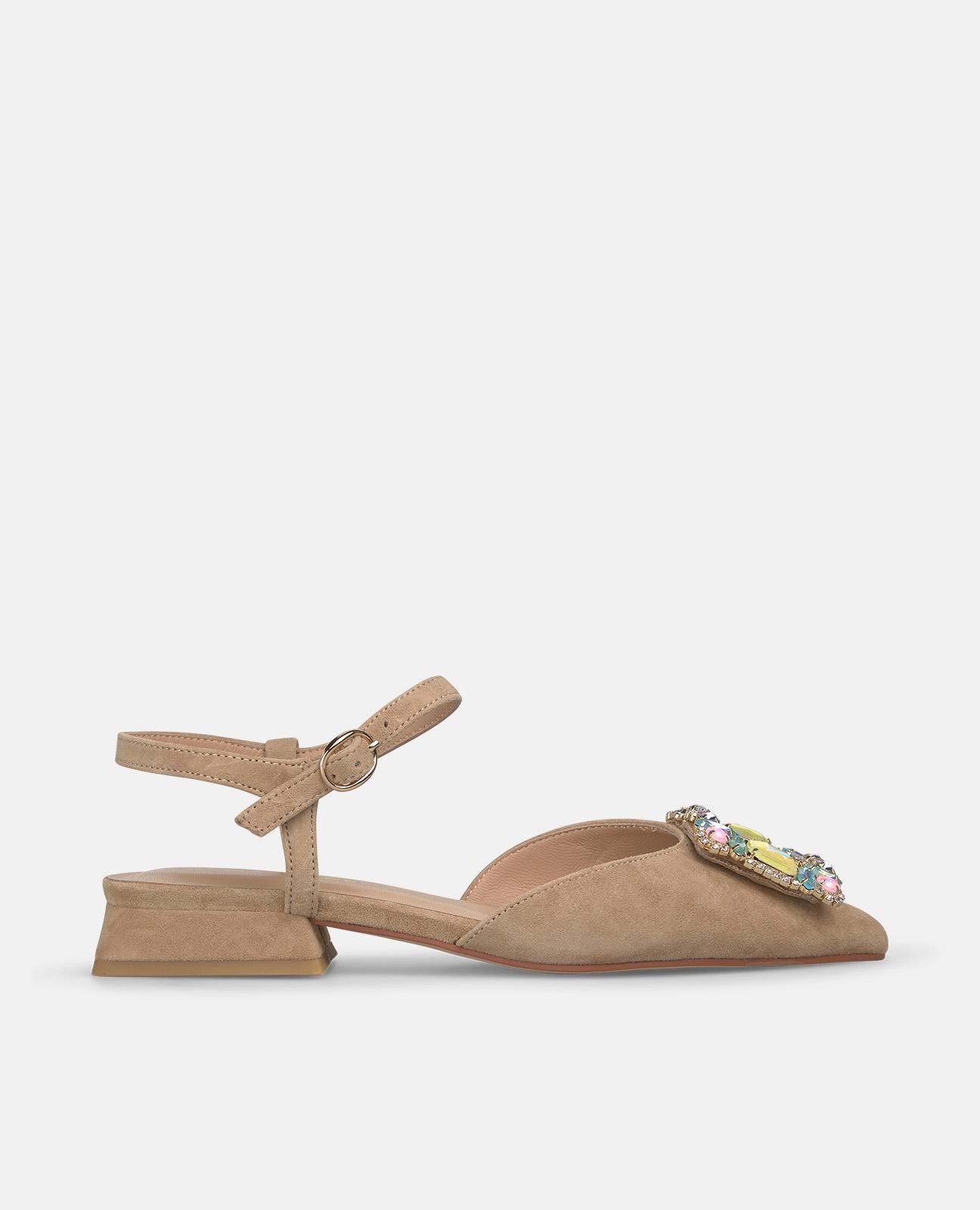 Sapatos de Salto com o Calcanhar Aberto em Pele com Detalhe Joia Frontal Areia-1