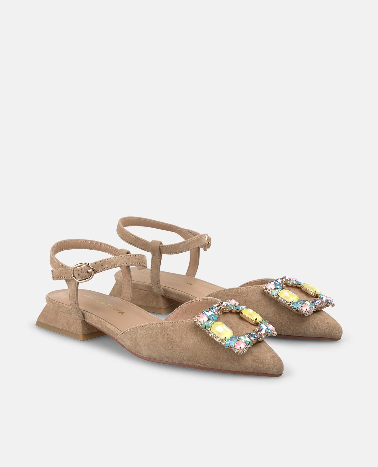Sapatos de Salto com o Calcanhar Aberto em Pele com Detalhe Joia Frontal Areia-2