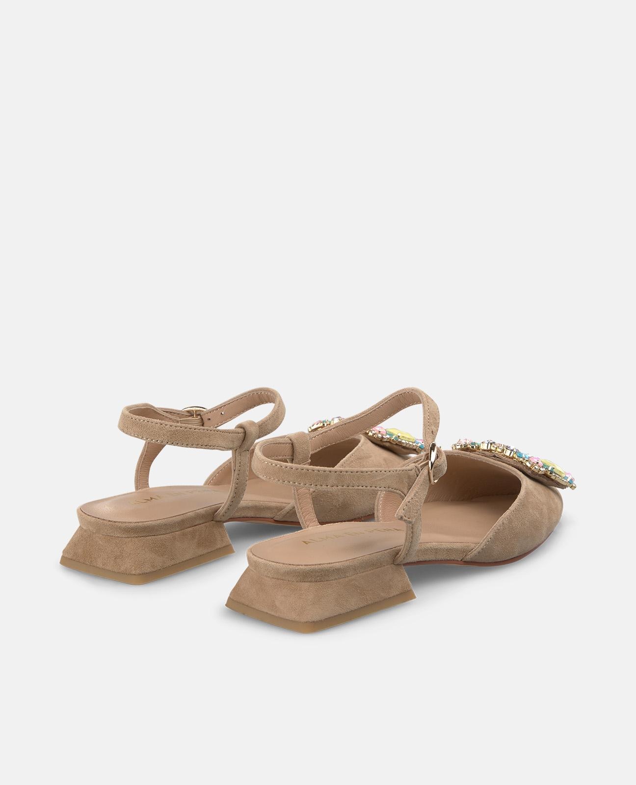 Sapatos de Salto com o Calcanhar Aberto em Pele com Detalhe Joia Frontal Areia-3